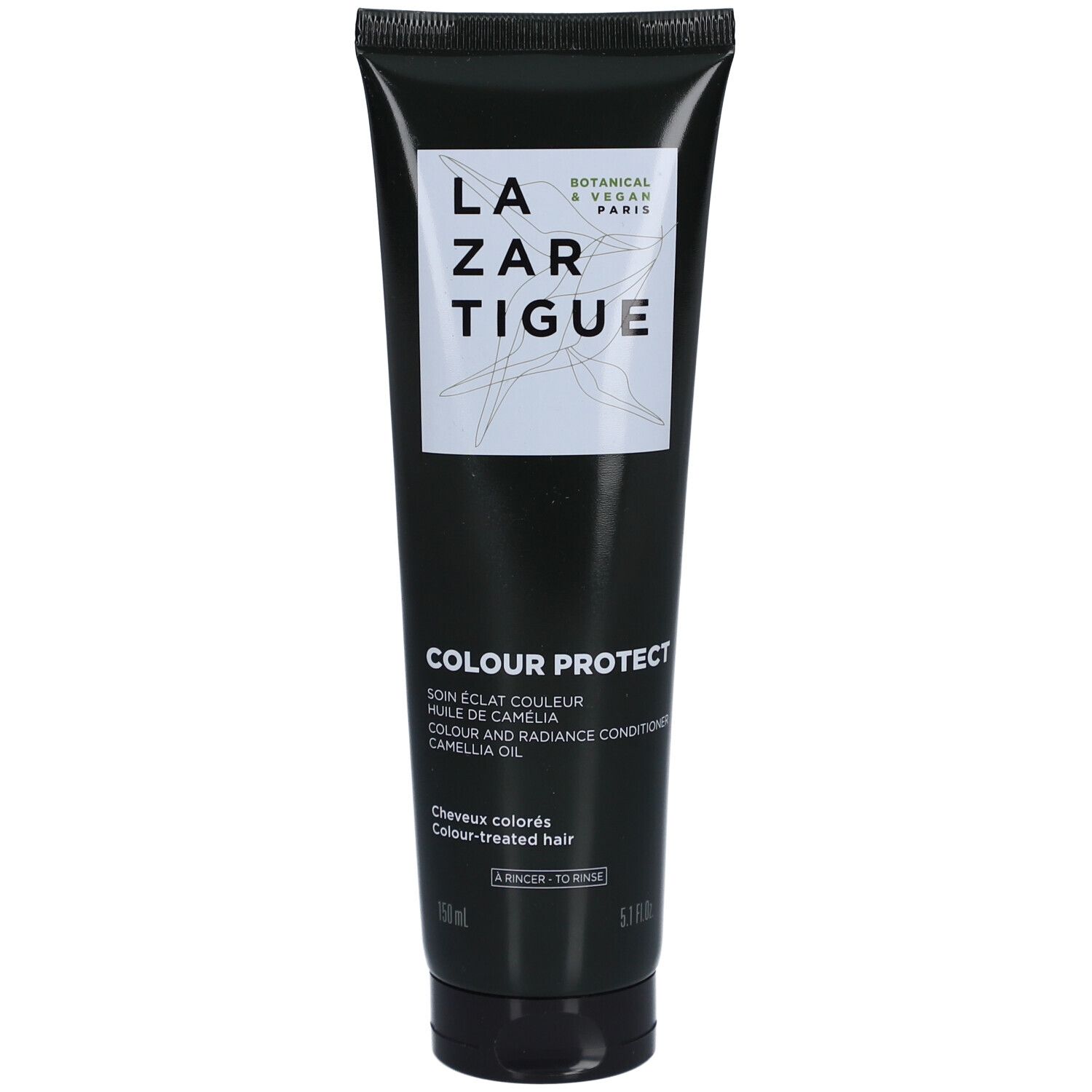 Tube noir avec étiquette blanche. Inscription "Lazartigue" et "Colour Protect". Botanique & Vegan.