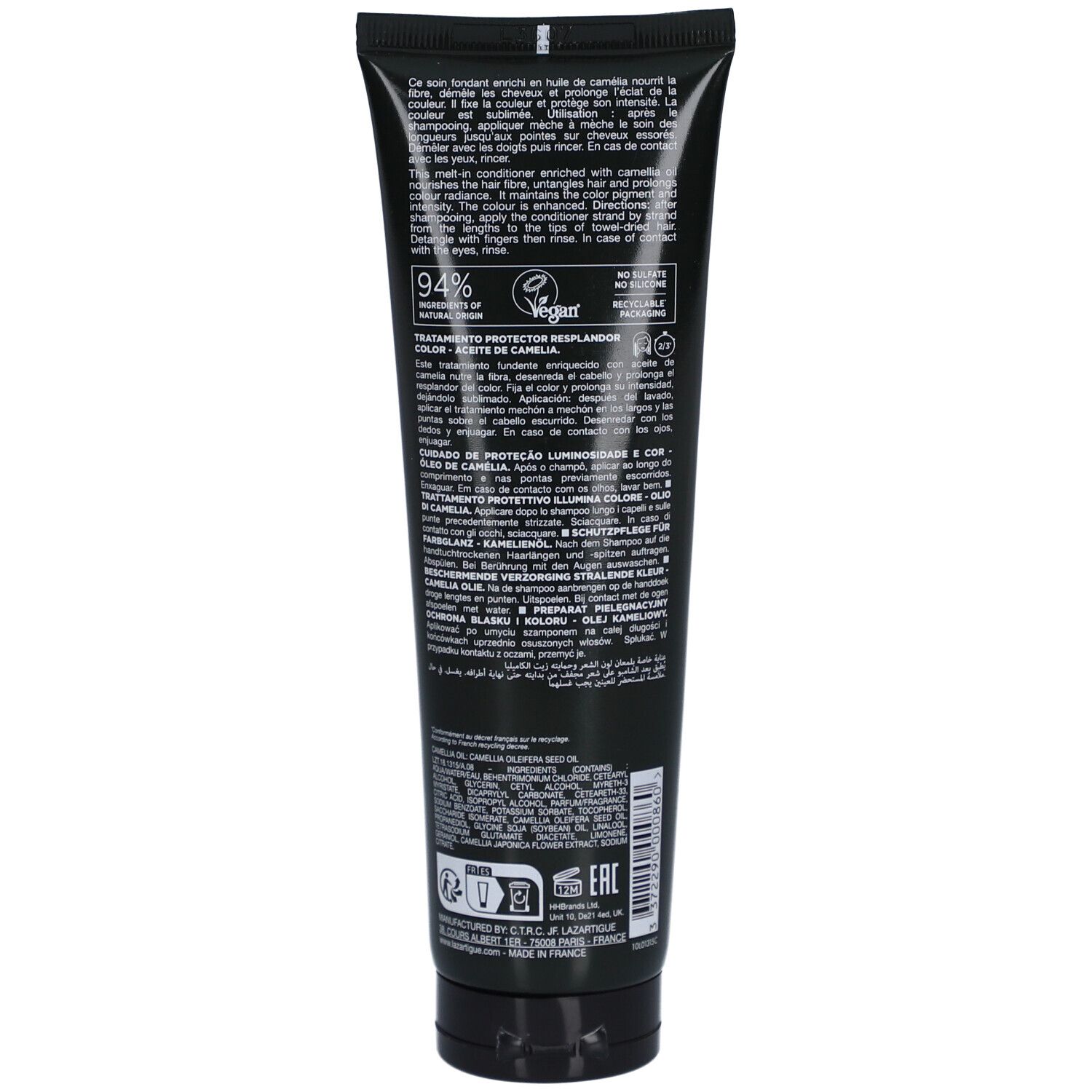Dos du tube noir. Texte multilingue. Label Vegan. Ingrédients.