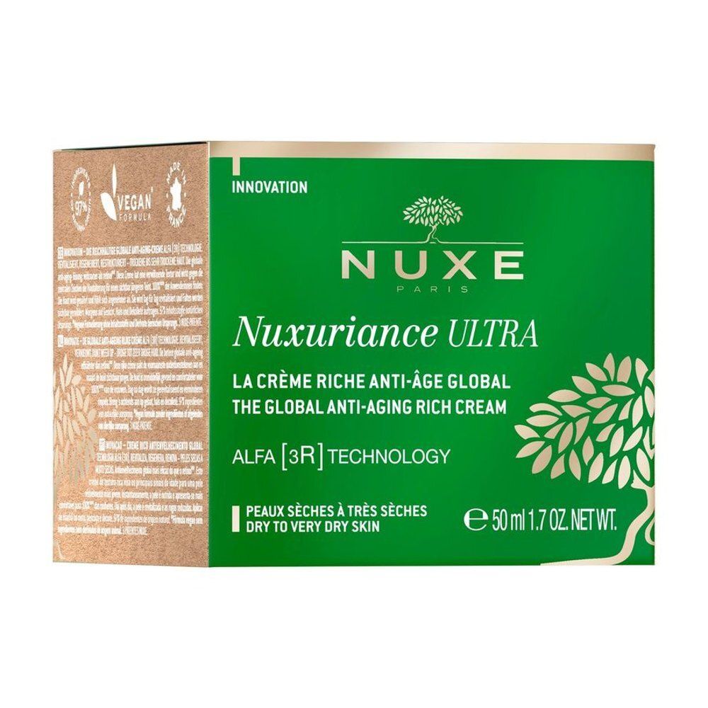 Crème Nuxe Nuxuriance Ultra, dos avec instructions d'application et symbole 6M.