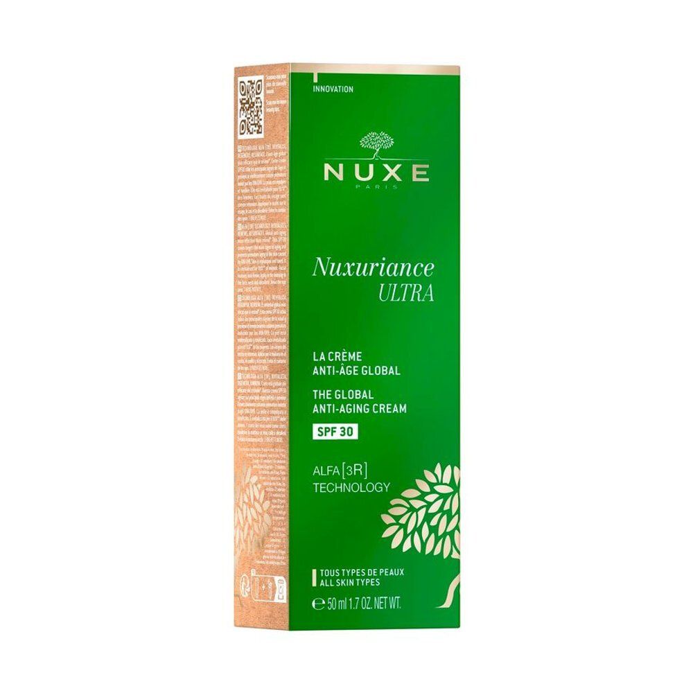 Crème NUXE Nuxuriance Ultra SPF 30 et sa boîte. Boîte et tube verts.