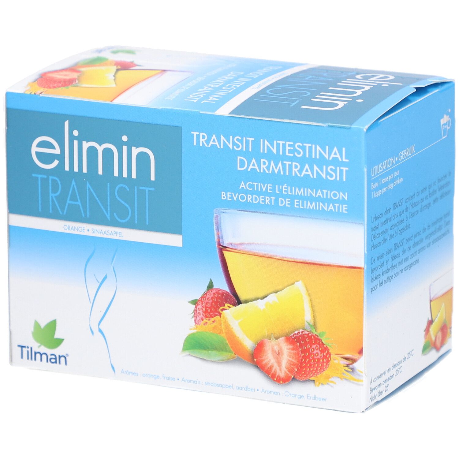 Boîte bleue et blanche elimin® Transit. Inscription: elimin® Transit, Transit Intestinal, Orange, Fraise, logo Tilman.