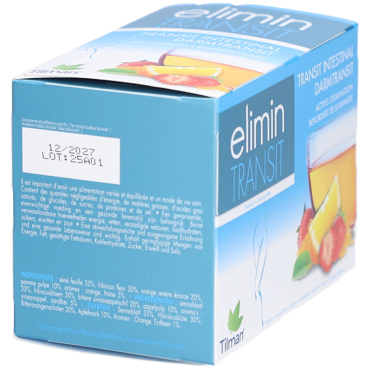 Boîte elimin® Transit. Inscription: elimin® Transit, Transit Intestinal, liste des ingrédients, date de péremption, logo Tilman.