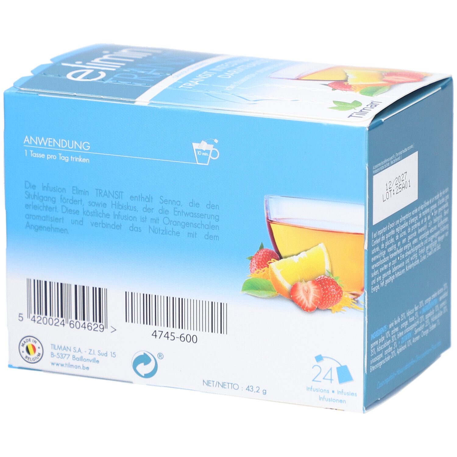 Dos de la boîte elimin® Transit. Inscription: Utilisation, 24 sachets de thé, code-barres, poids net, logo Tilman.