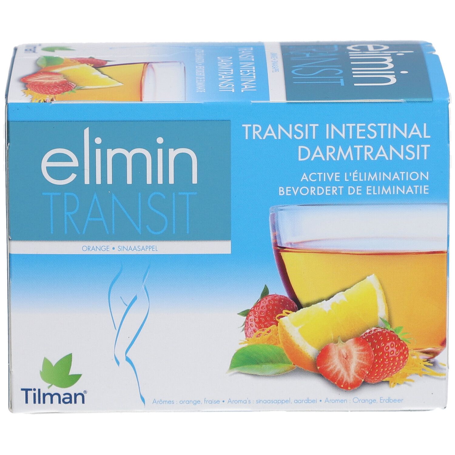 Boîte bleue et blanche elimin® Transit. Inscription: elimin® Transit, Transit Intestinal, Orange, Fraise, logo Tilman.