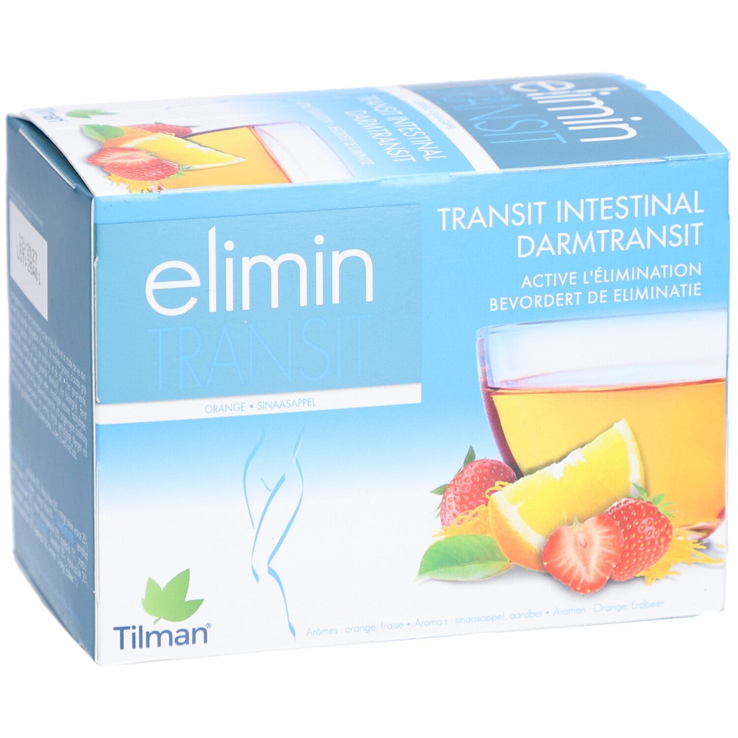 Boîte bleue et blanche elimin® Transit. Inscription: elimin® Transit, Transit Intestinal, Orange, Fraise, logo Tilman.