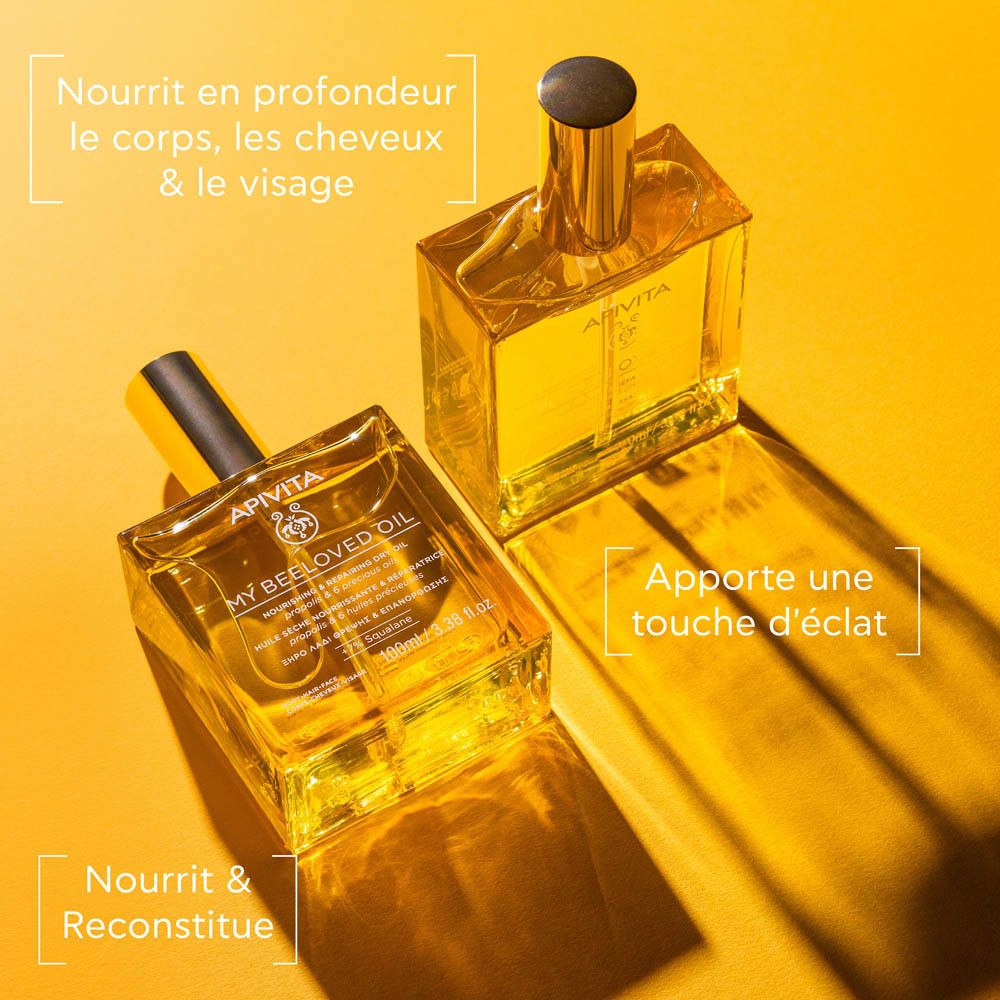 Deux flacons sur fond jaune. Texte: Nourrit en profondeur le corps, les cheveux & le visage.