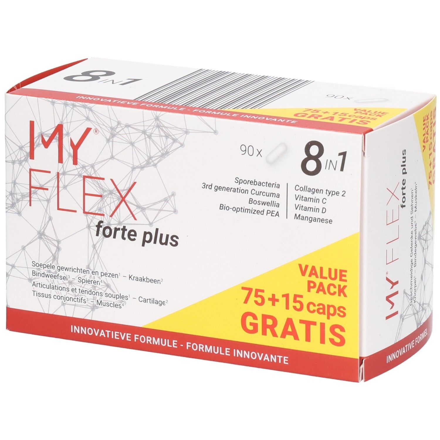 My Flex Forte Plus lot économique : 75+15 gélules offertes. Formule 8en1 avec curcuma, boswellia, collagène.