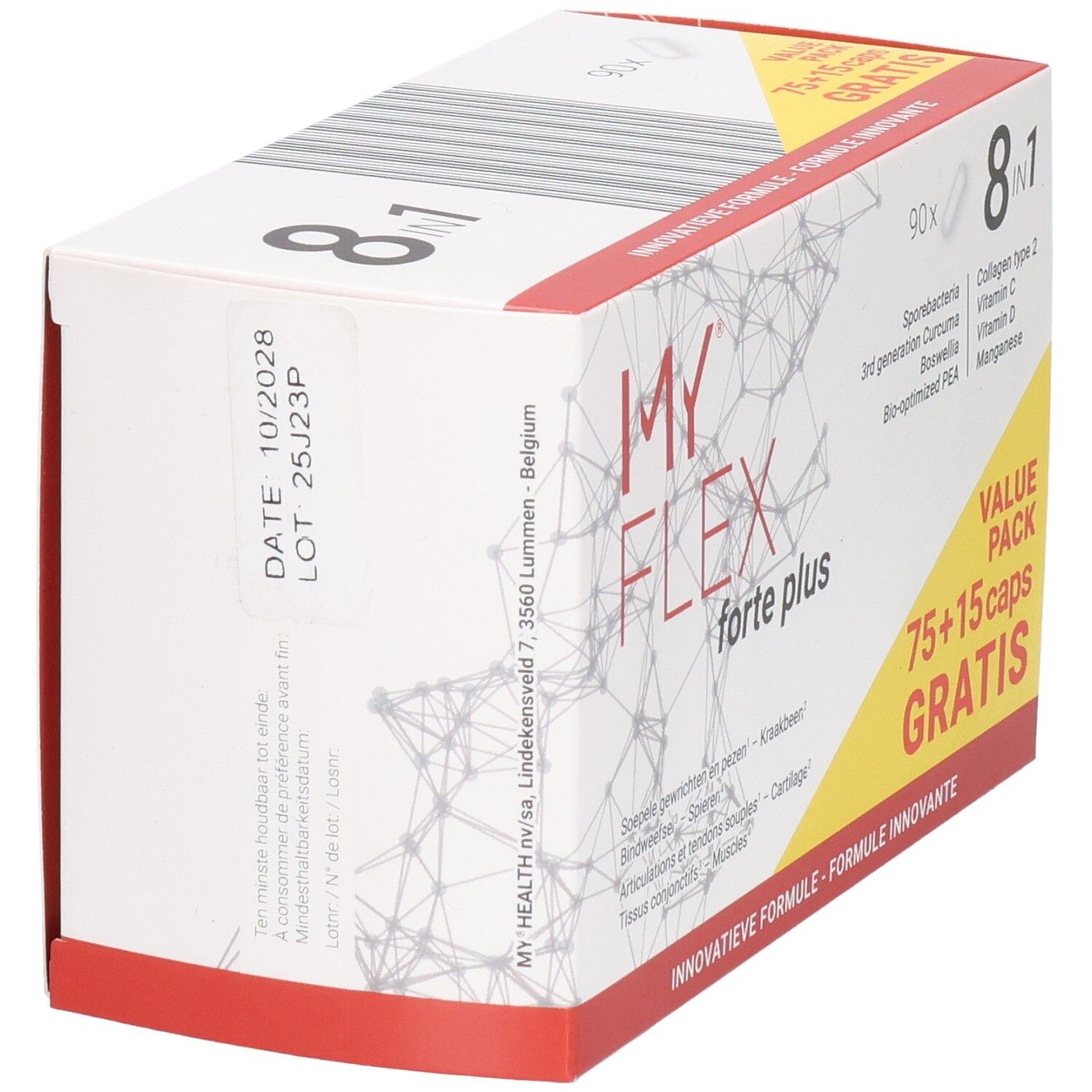 Arrière de l'emballage My Flex Forte Plus avec numéro de lot et date d'expiration.