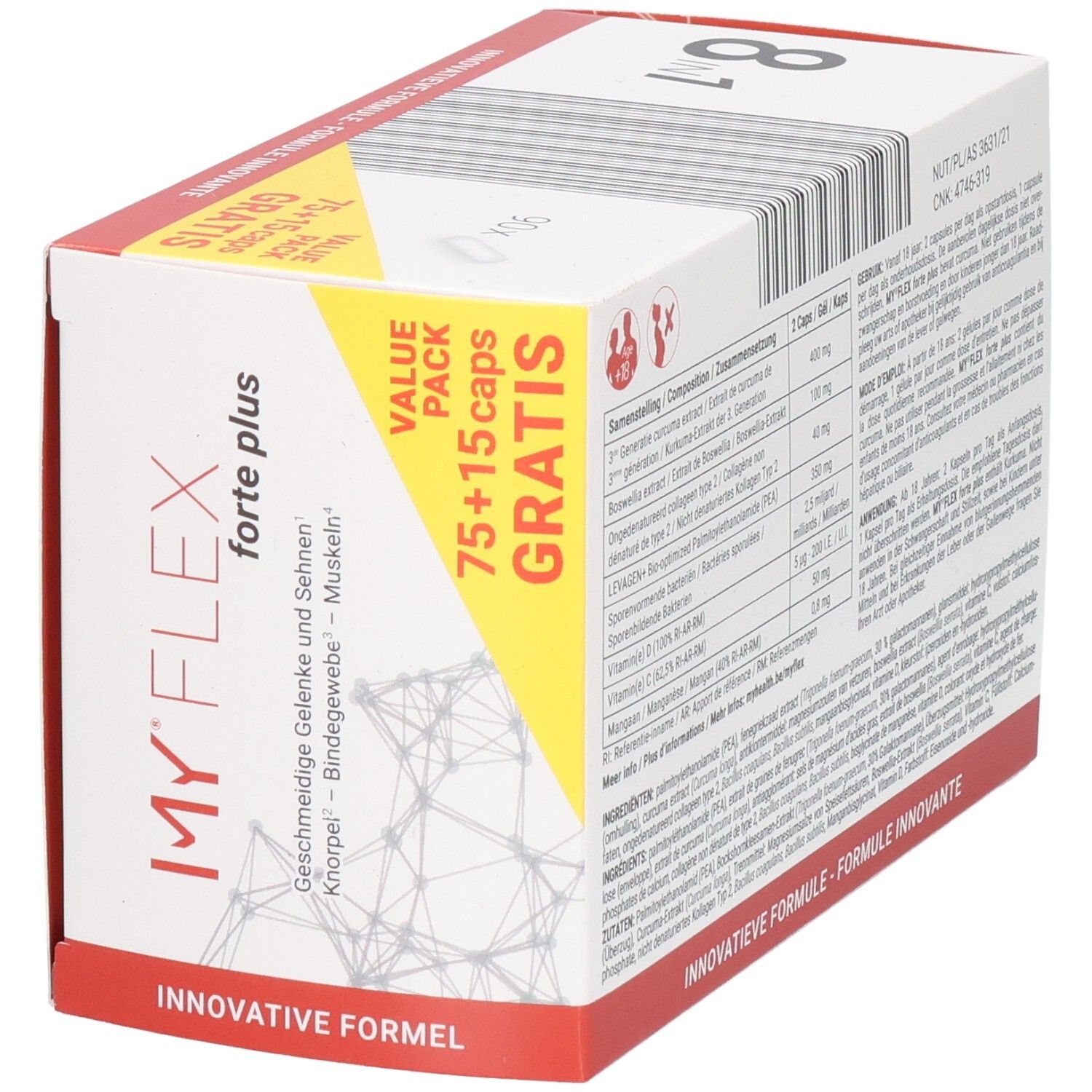 Emballage My Flex Forte Plus avec ingrédients tels que curcuma, boswellia, vitamines C, D, manganèse.