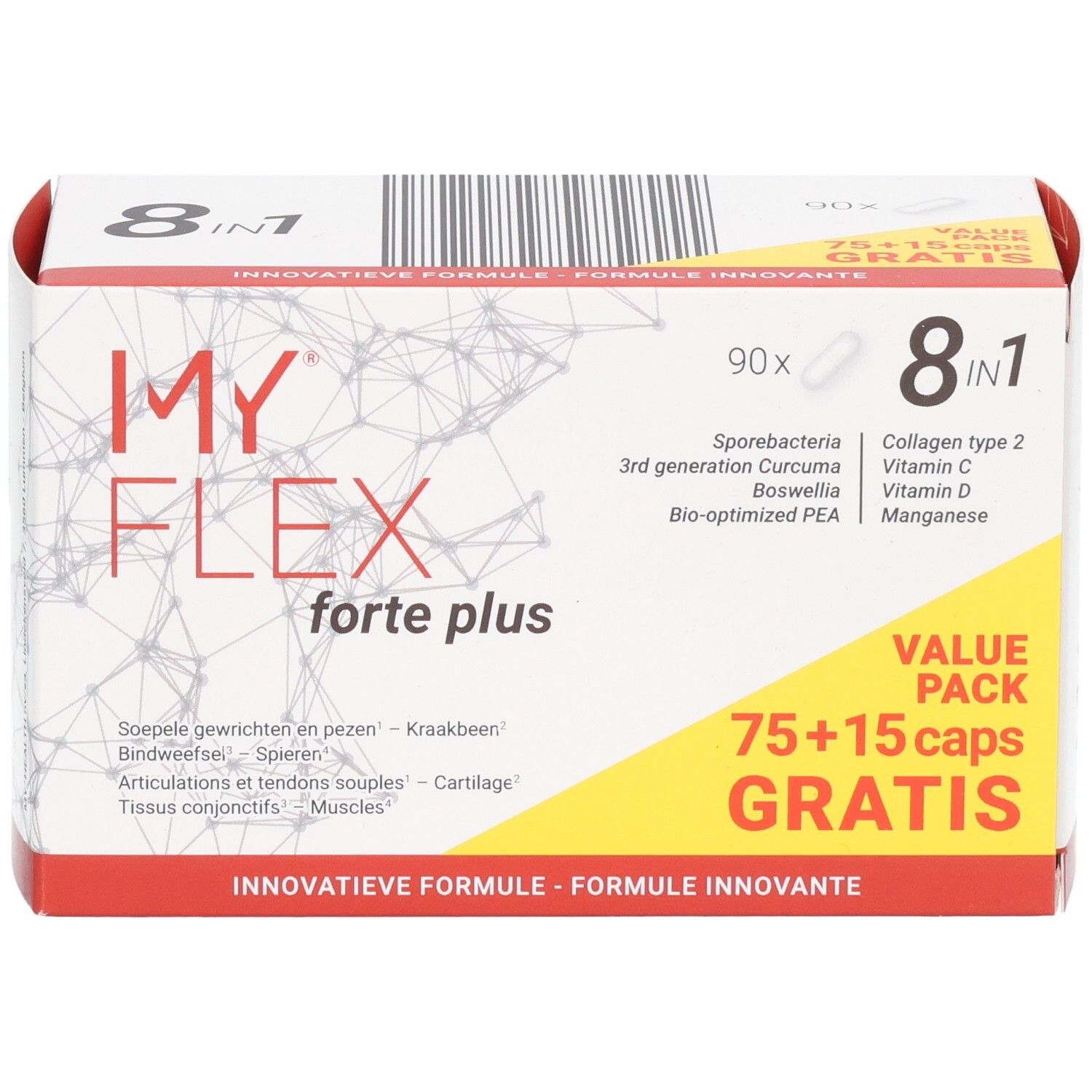 My Flex Forte Plus lot économique : 75+15 gélules offertes. Contient curcuma, boswellia, collagène.