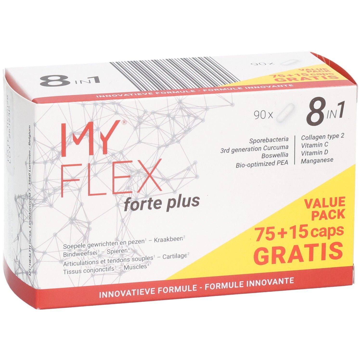 My Flex Forte Plus lot économique : 75+15 gélules offertes. Formule 8en1 avec curcuma, boswellia, collagène.