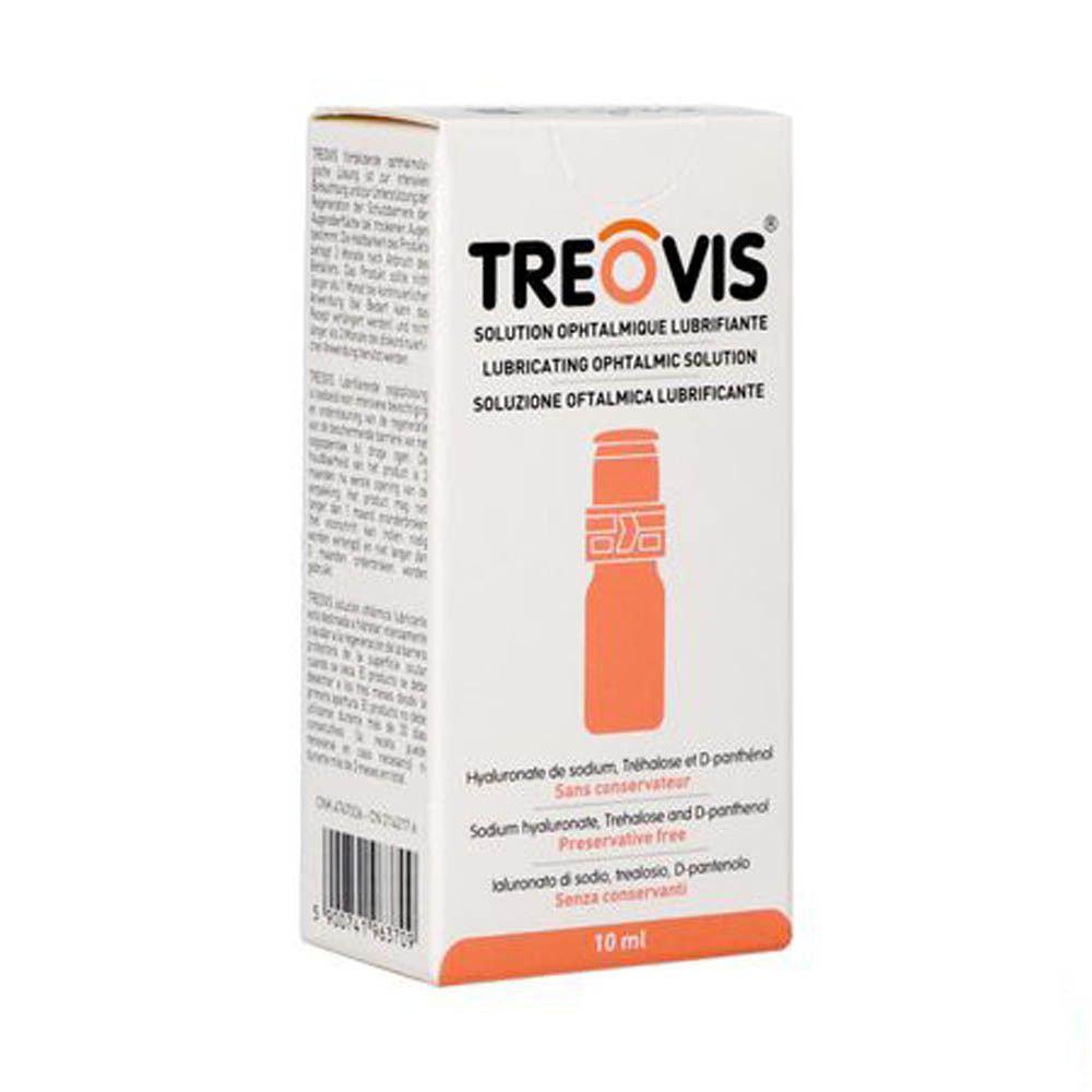 Boîte de Treovis® avec image et texte. Contient 10 ml. Ingrédients : Hyaluronate de sodium, Tréhalose, D-panthénol, sans conservateur.