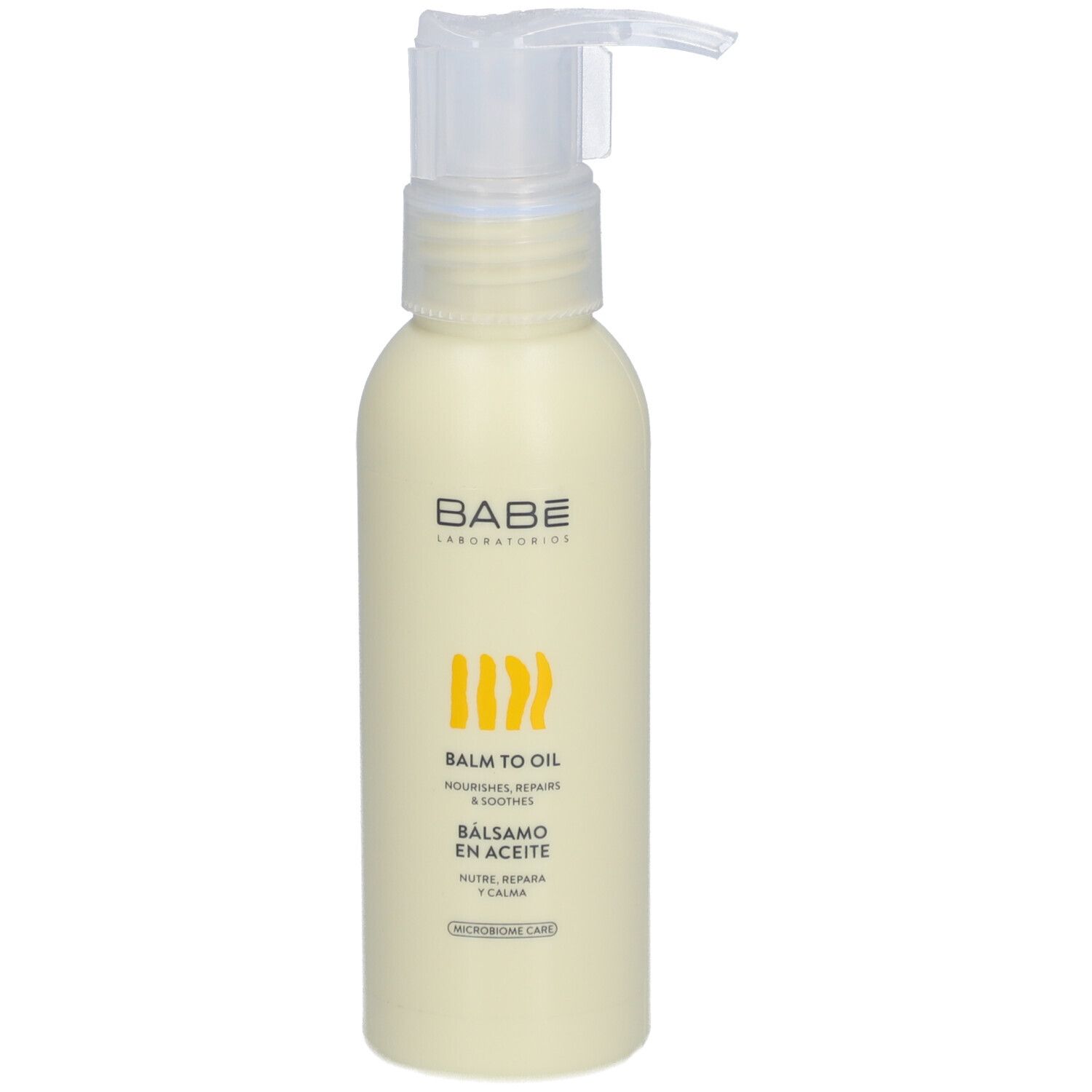 Flacon beige avec pompe. Logo BABE et indication "BALM TO OIL" visibles.