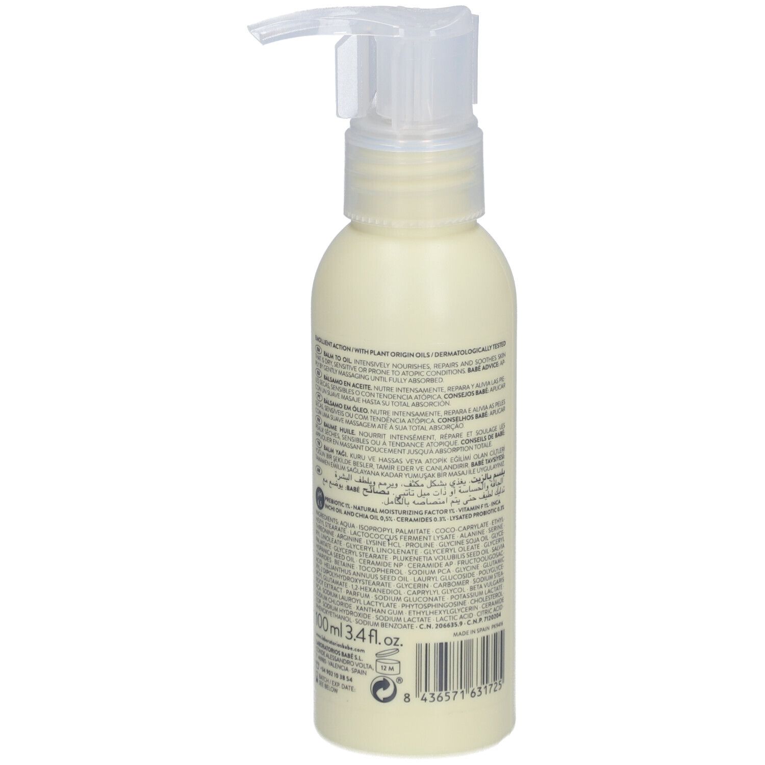 Flacon beige avec pompe. Dos avec texte multilingue et code-barres.