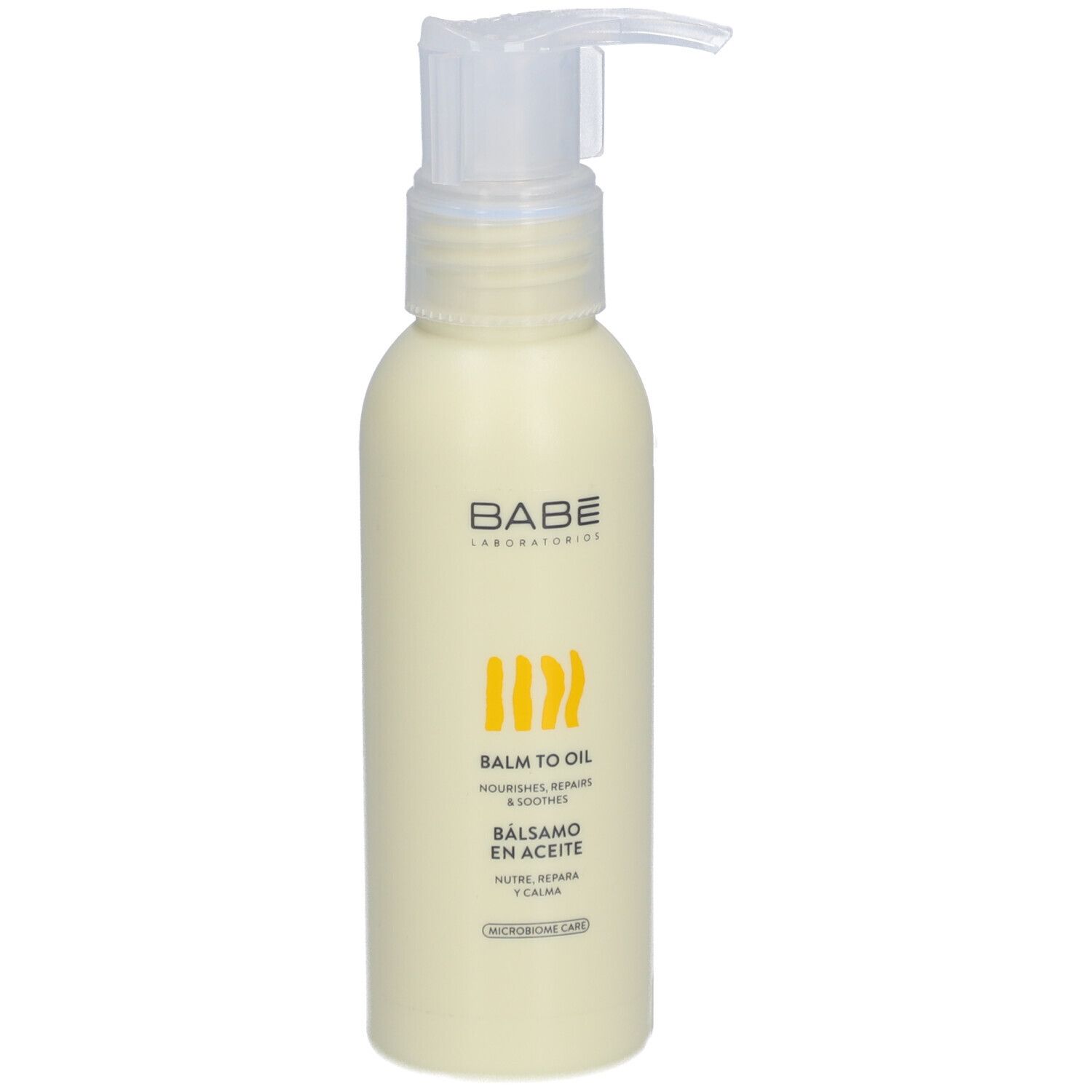 Flacon beige avec pompe. Logo BABE et indication "BALM TO OIL" visibles.