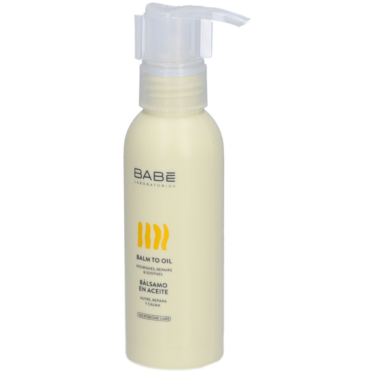 Flacon beige avec pompe. Logo BABE et indication "BALM TO OIL" visibles.