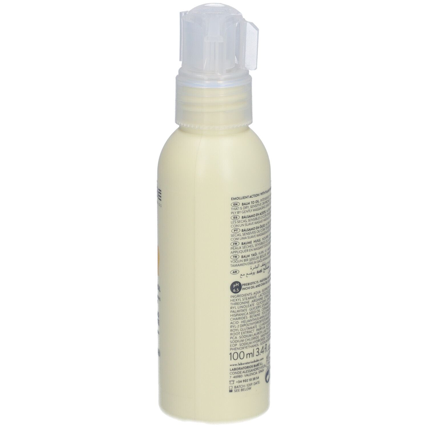Flacon beige avec pompe. Dos avec texte multilingue et code-barres.
