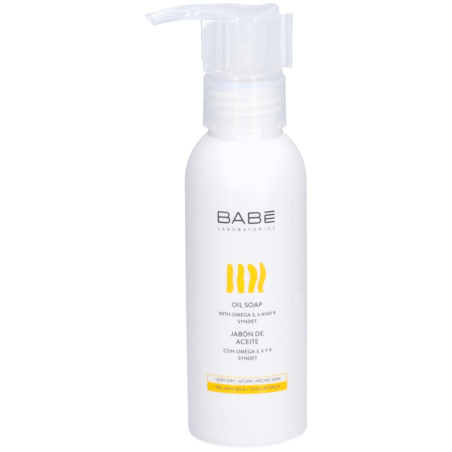 Flacon blanc avec pompe. Inscription BABE, design jaune et texte: OIL SOAP.