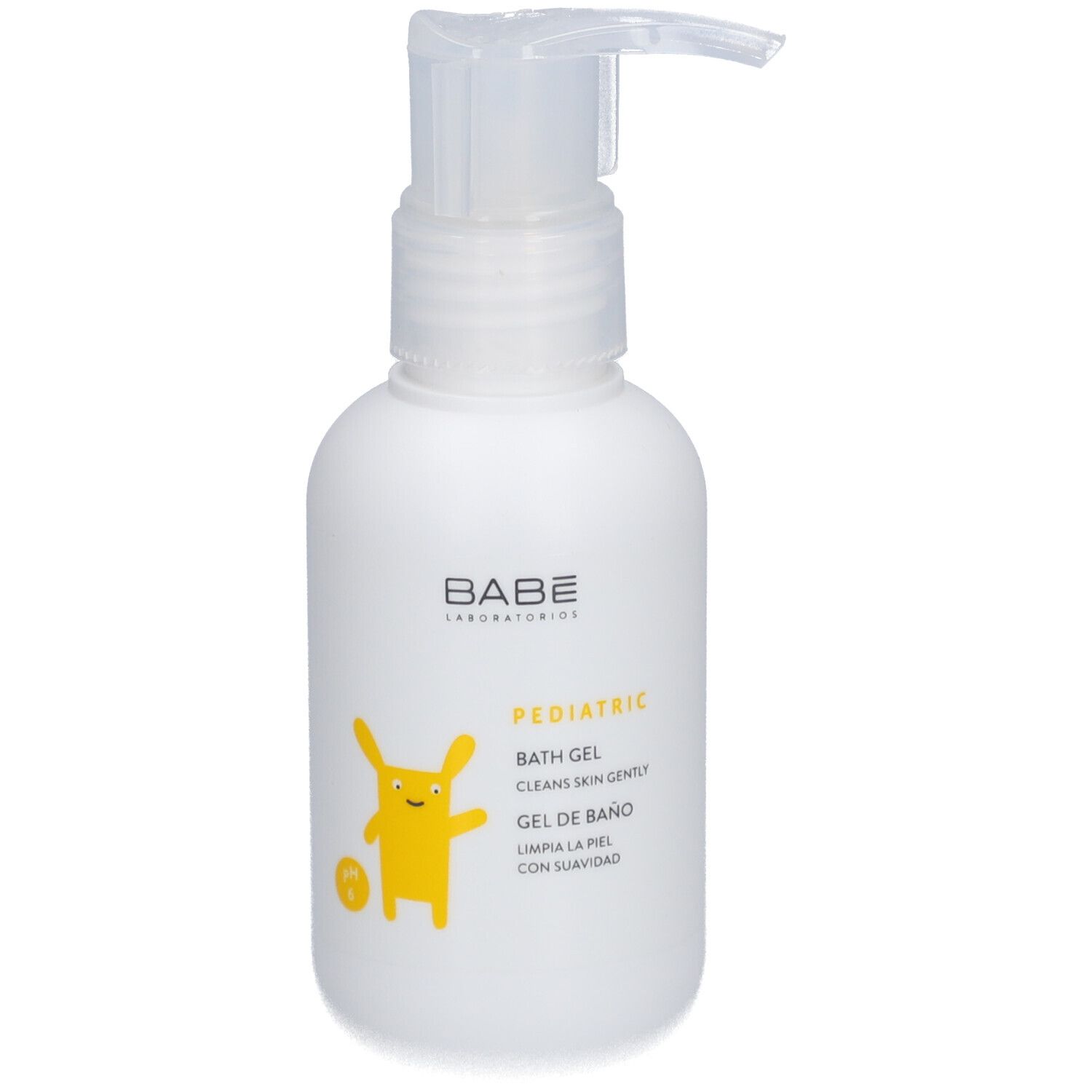 Flacon blanc avec pompe. Inscription: BABÉ, PEDIATRIC, BATH GEL, GEL DE BAÑO. Personnage de dessin animé jaune.