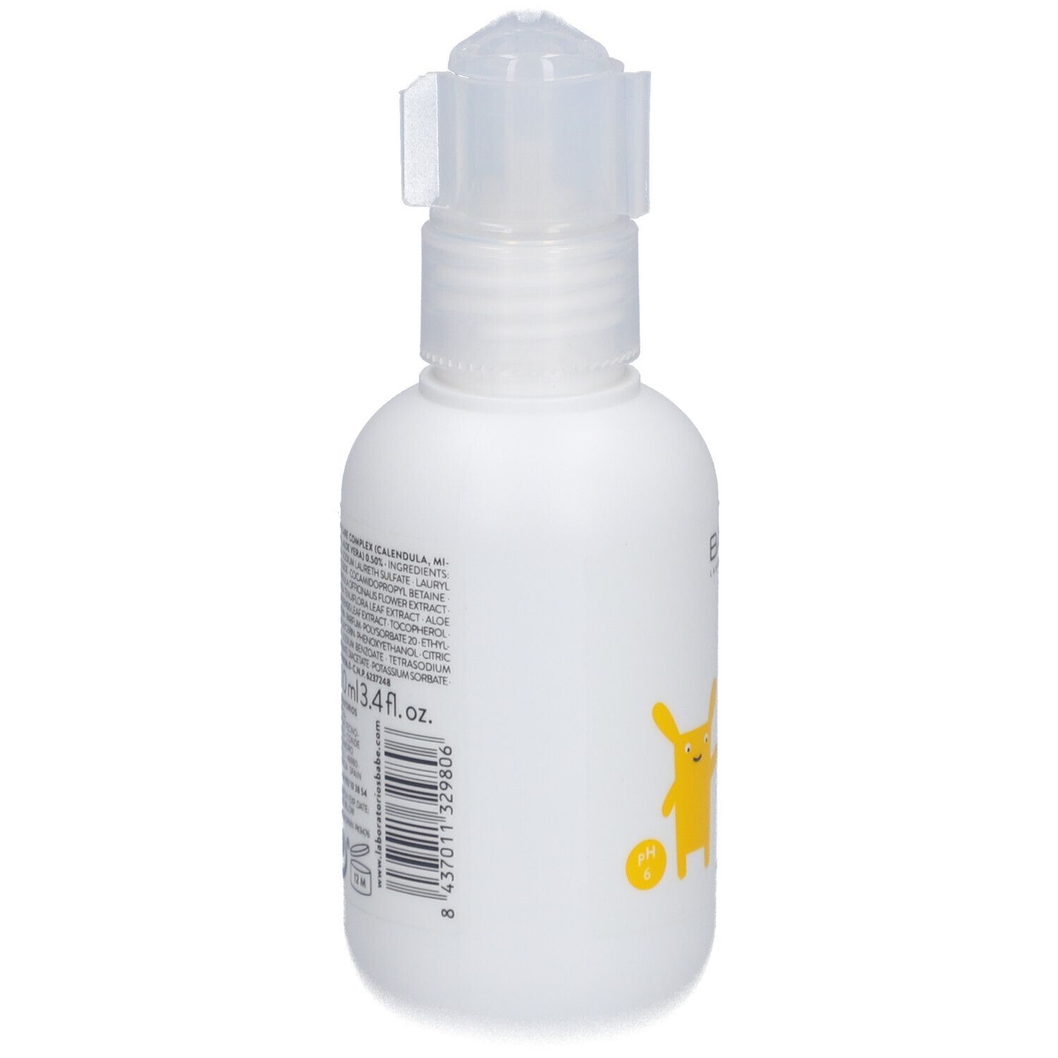 Flacon blanc avec pompe. Texte et personnage de dessin animé jaune sur le côté. Contient 3.4 fl.oz.
