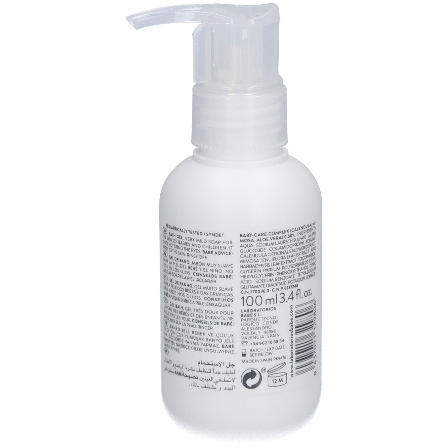 Flacon blanc avec pompe. Dos avec texte. Contient 100 ml. Avec un symbole 12M.