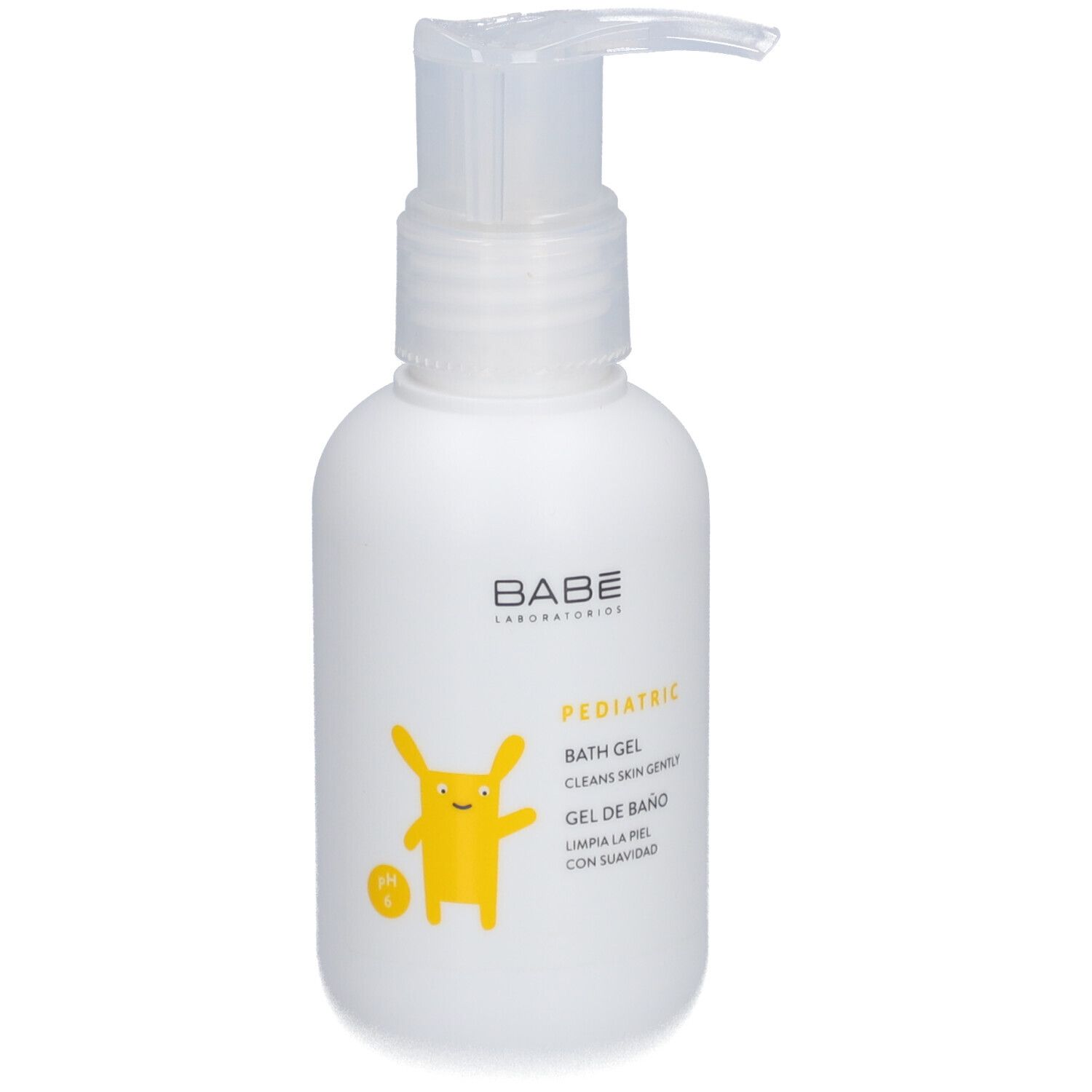Flacon blanc avec pompe. Inscription: BABÉ, PEDIATRIC, BATH GEL, GEL DE BAÑO. Personnage de dessin animé jaune.