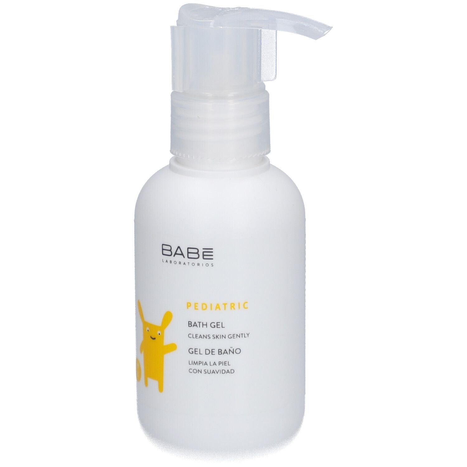 Flacon blanc avec pompe. Inscription: BABÉ, PEDIATRIC, BATH GEL, GEL DE BAÑO. Personnage de dessin animé jaune.