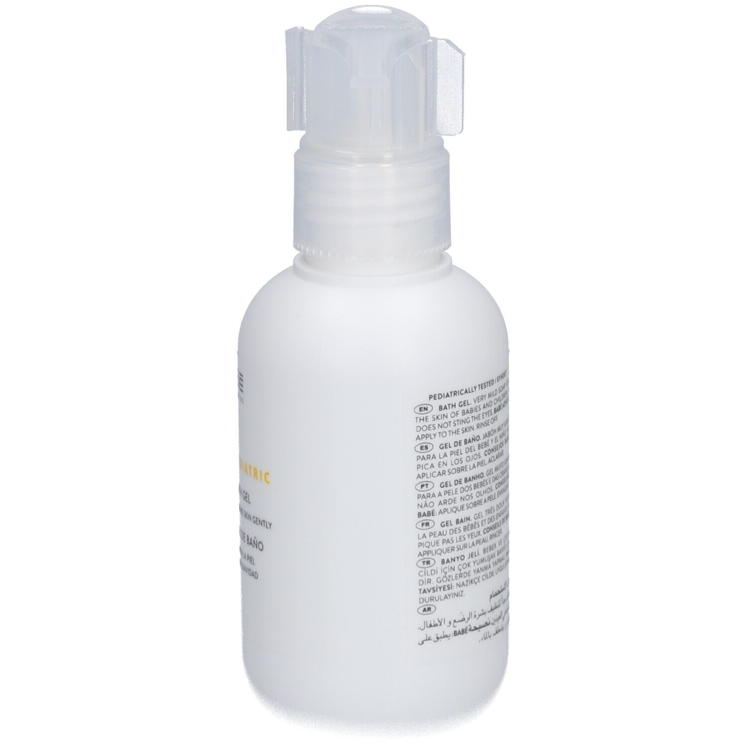 Flacon blanc avec pompe. Inscription: PEDIATRIC, BATH GEL, GEL DE BAÑO. Texte sur le côté.