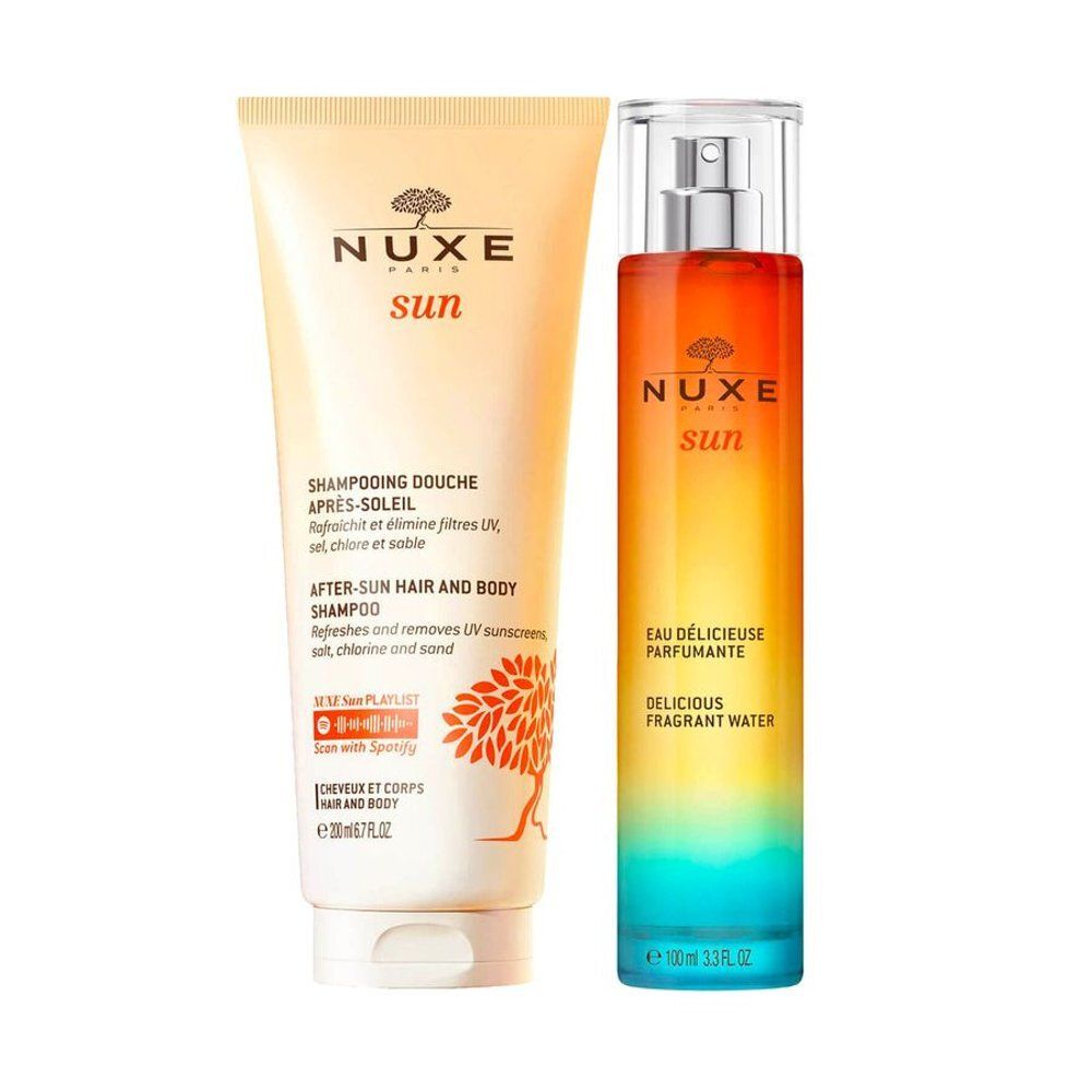 Set Nuxe Sun : Eau parfumante et shampooing après-soleil.