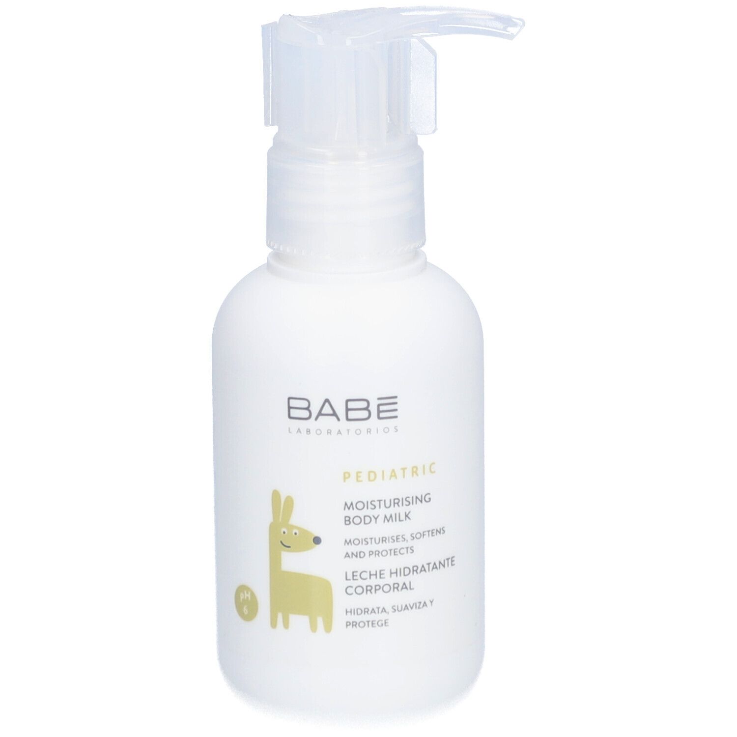 Flacon blanc avec pompe. Inscription: Babé, Pediatric, Moisturising Body Milk. Illustration d'un lama.