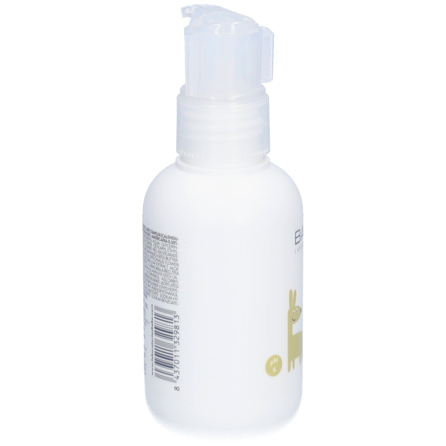 Flacon blanc avec pompe. Dos avec texte et code-barres. Produit: Babé Pediatric Moisturising Body Milk.