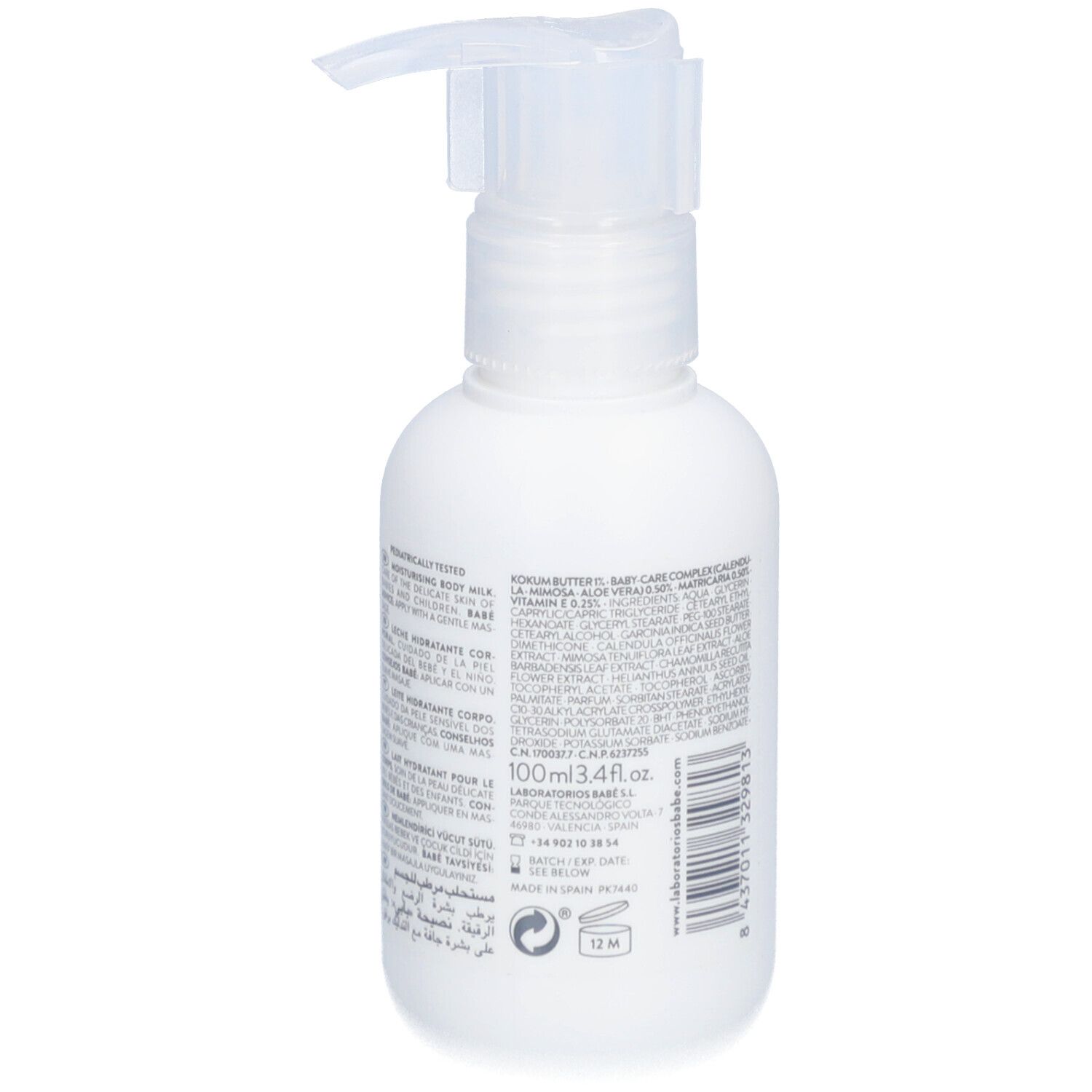 Flacon blanc avec pompe. Dos avec texte. Produit: Babé Pediatric Moisturising Body Milk. 100ml.