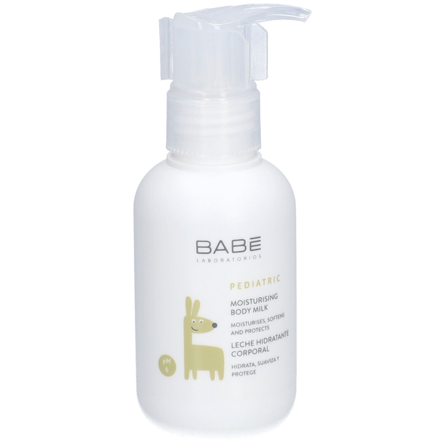 Flacon blanc avec pompe. Inscription: Babé, Pediatric, Moisturising Body Milk. Illustration d'un lama.