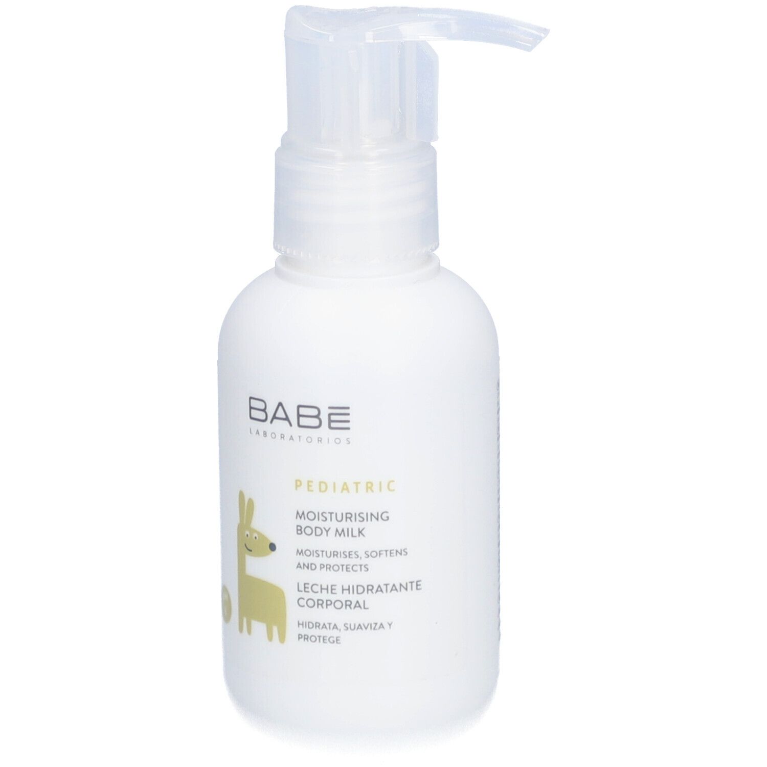 Flacon blanc avec pompe. Inscription: Babé, Pediatric, Moisturising Body Milk. Illustration d'un lama.