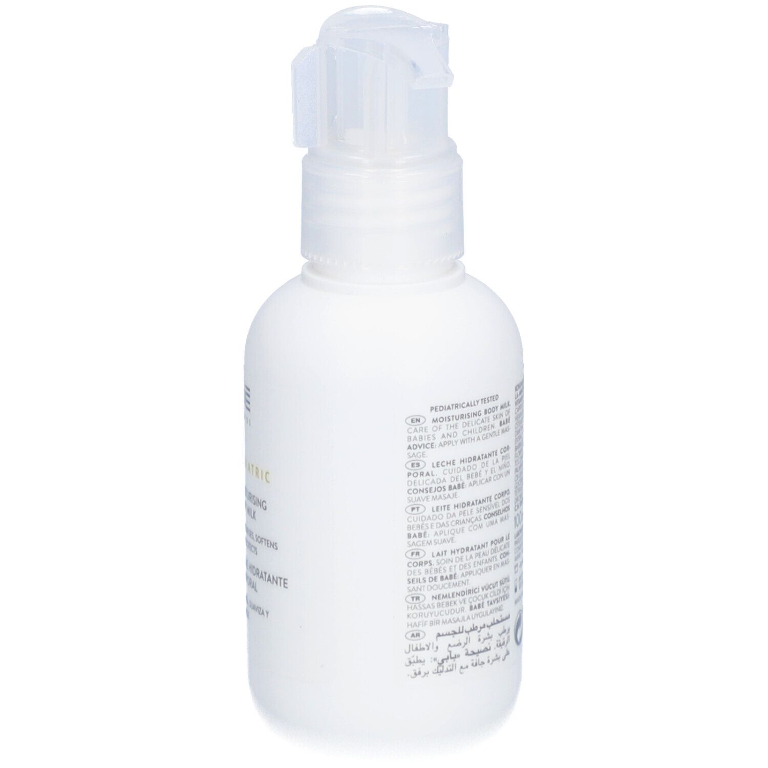 Flacon blanc avec pompe. Dos avec texte. Produit: Babé Pediatric Moisturising Body Milk.