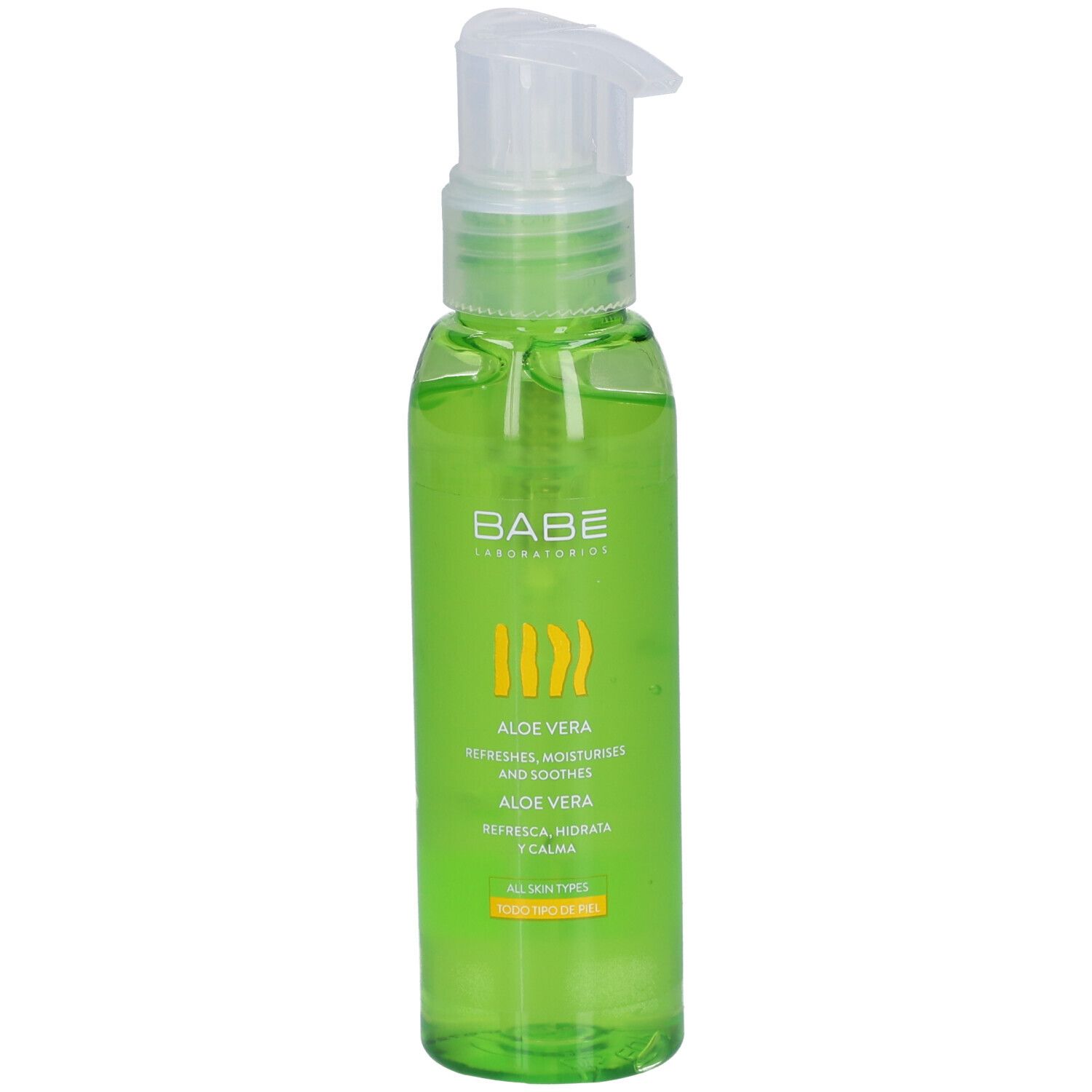 Flacon vert avec pompe. Logo BABÉ et inscription Aloe Vera. Contient un gel incolore. Pour tous types de peau.