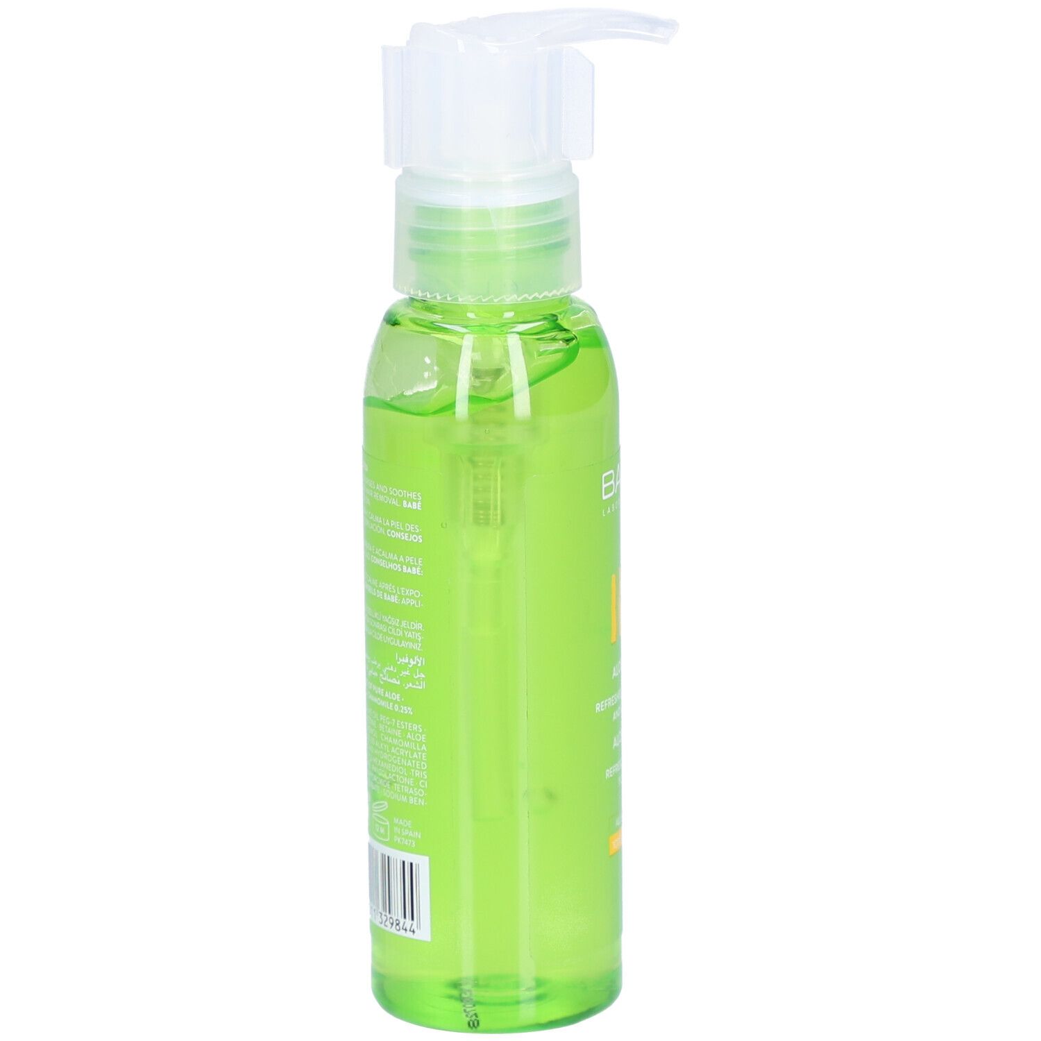 Flacon vert avec pompe. Logo BABÉ et inscription Aloe Vera. Contient un gel incolore. Vue latérale.