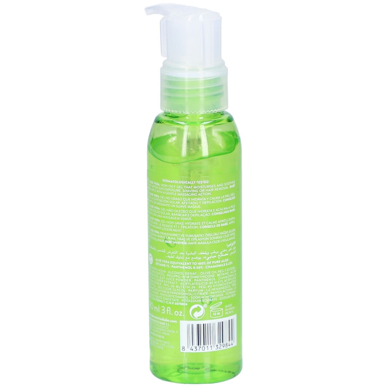 Flacon vert avec pompe. Logo BABÉ et inscription Aloe Vera. Contient un gel incolore. Vue arrière avec texte.