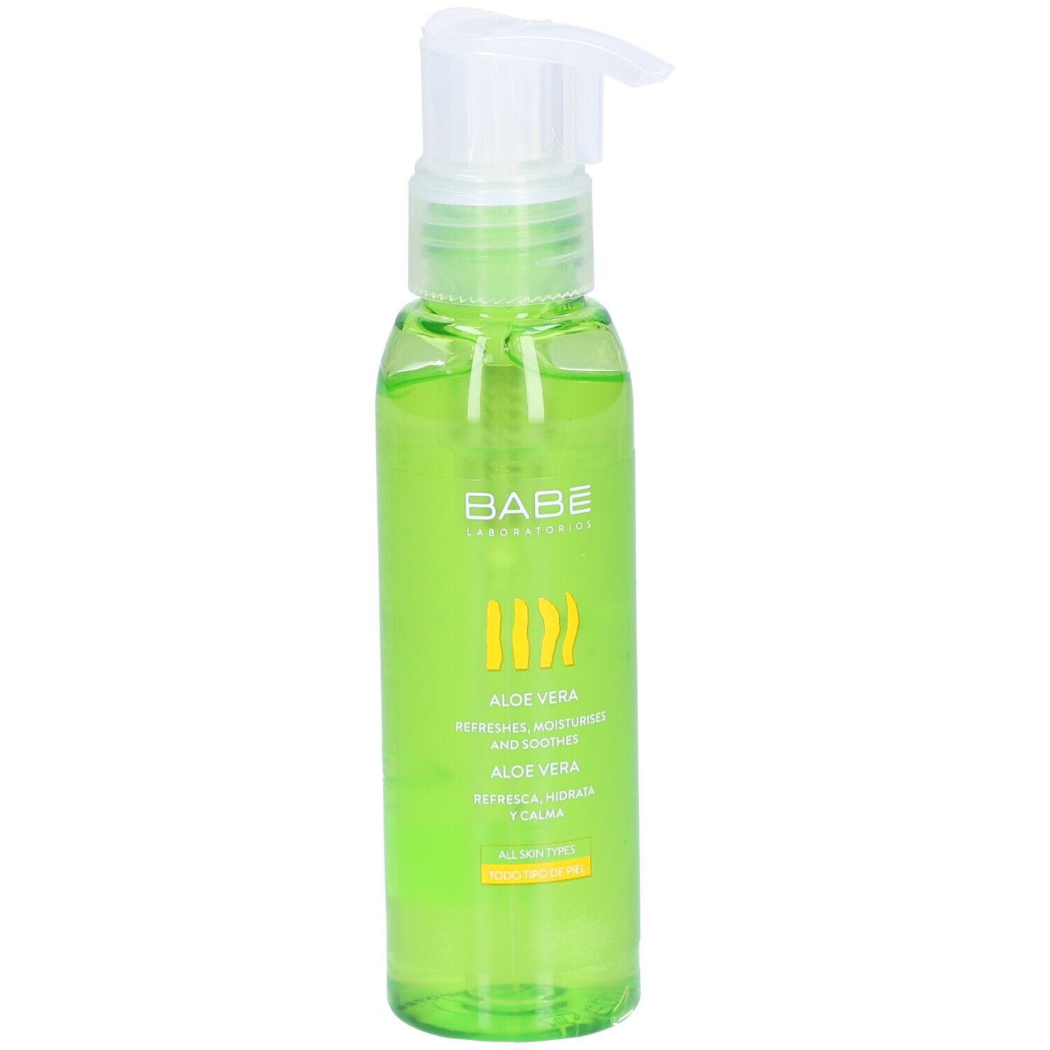 Flacon vert avec pompe. Logo BABÉ et inscription Aloe Vera. Contient un gel incolore. Pour tous types de peau.