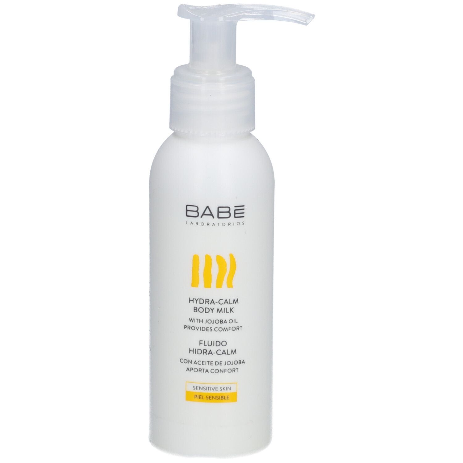 Flacon blanc avec pompe. Inscription: BABÉ, Hydra-Calm Body Milk. Bandes jaunes.
