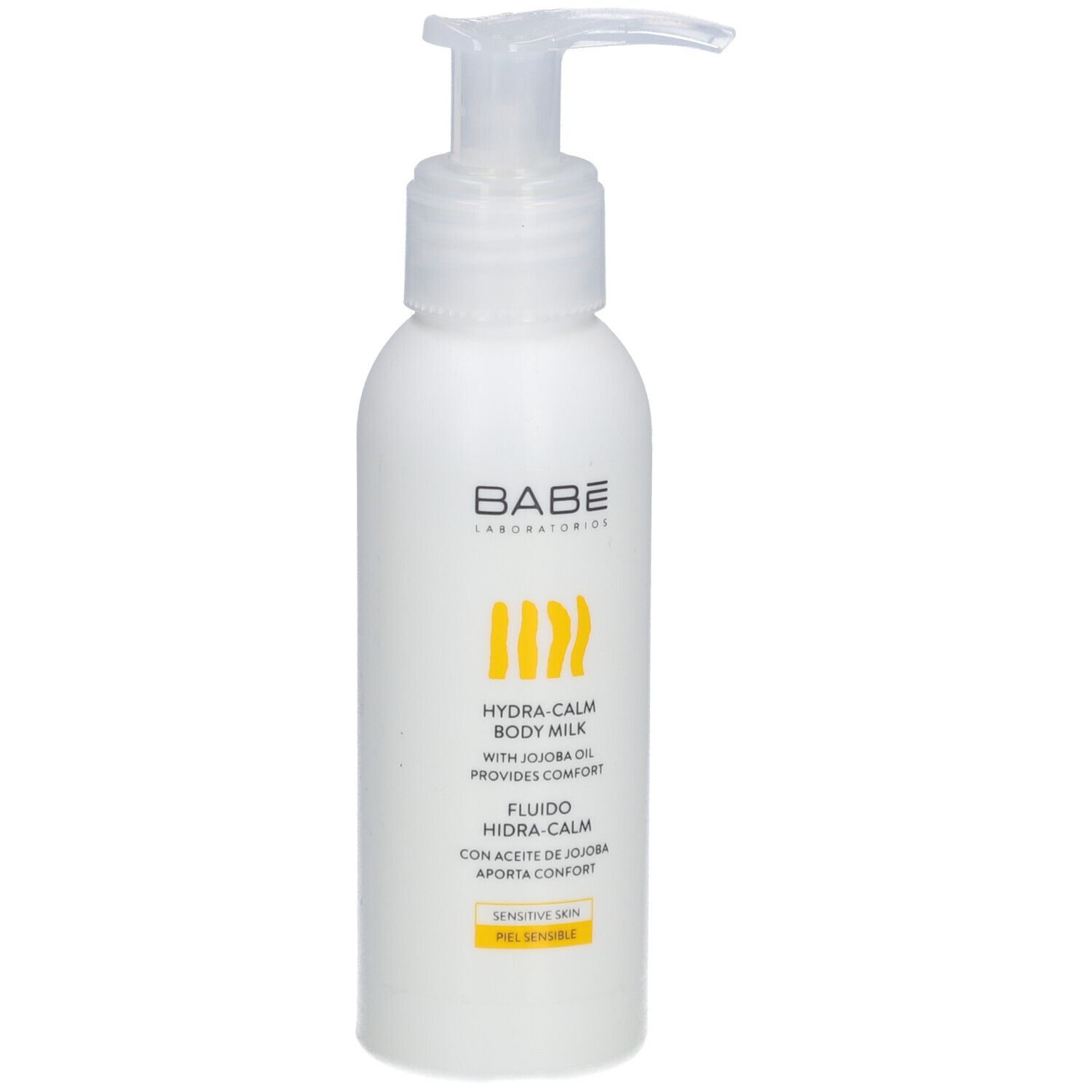 Flacon blanc avec pompe. Inscription: BABÉ, Hydra-Calm Body Milk. Bandes jaunes.