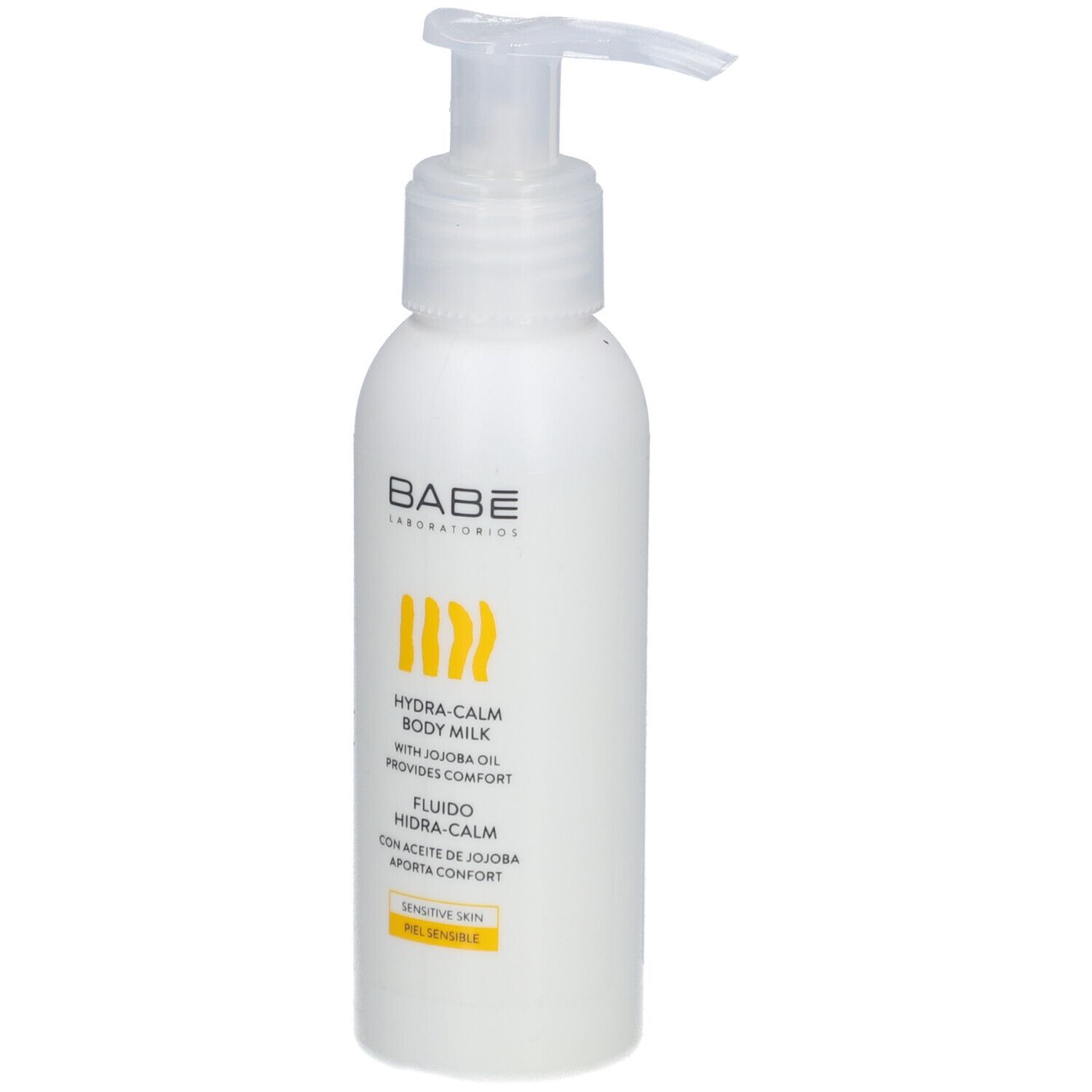 Flacon blanc avec pompe. Inscription: BABÉ, Hydra-Calm Body Milk. Bandes jaunes.