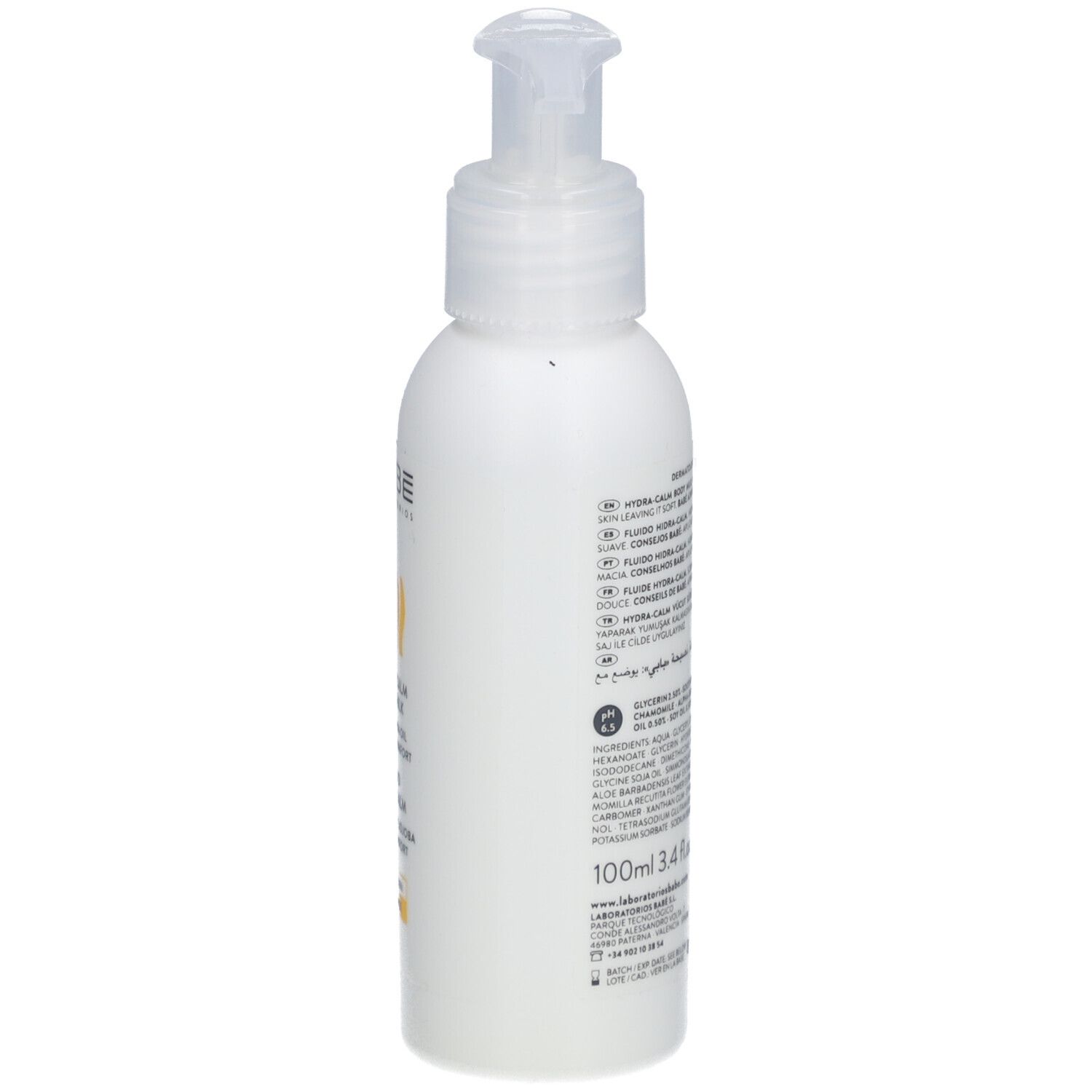 Flacon blanc avec pompe. Texte et ingrédients sur l'étiquette. 100ml.