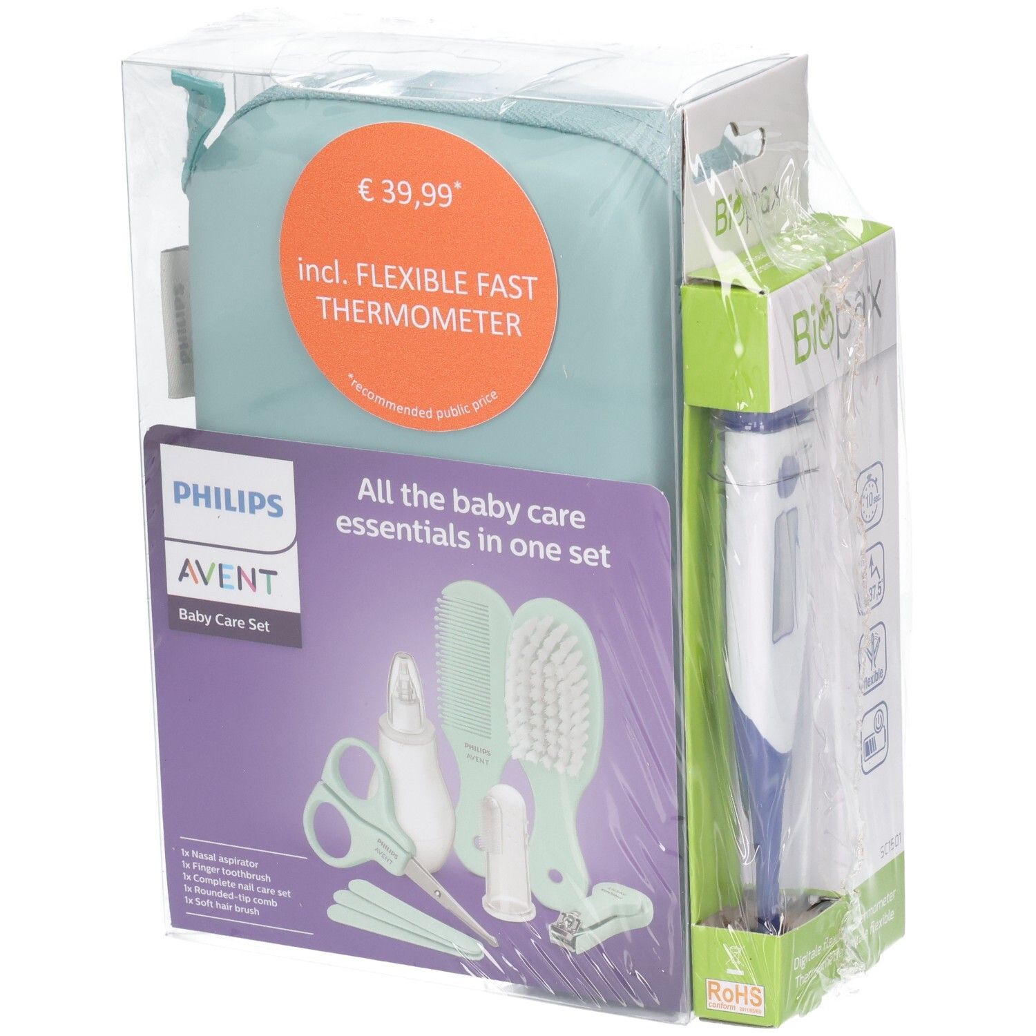 Set de soins pour bébé Philips Avent avec thermomètre numérique et accessoires dans une pochette.