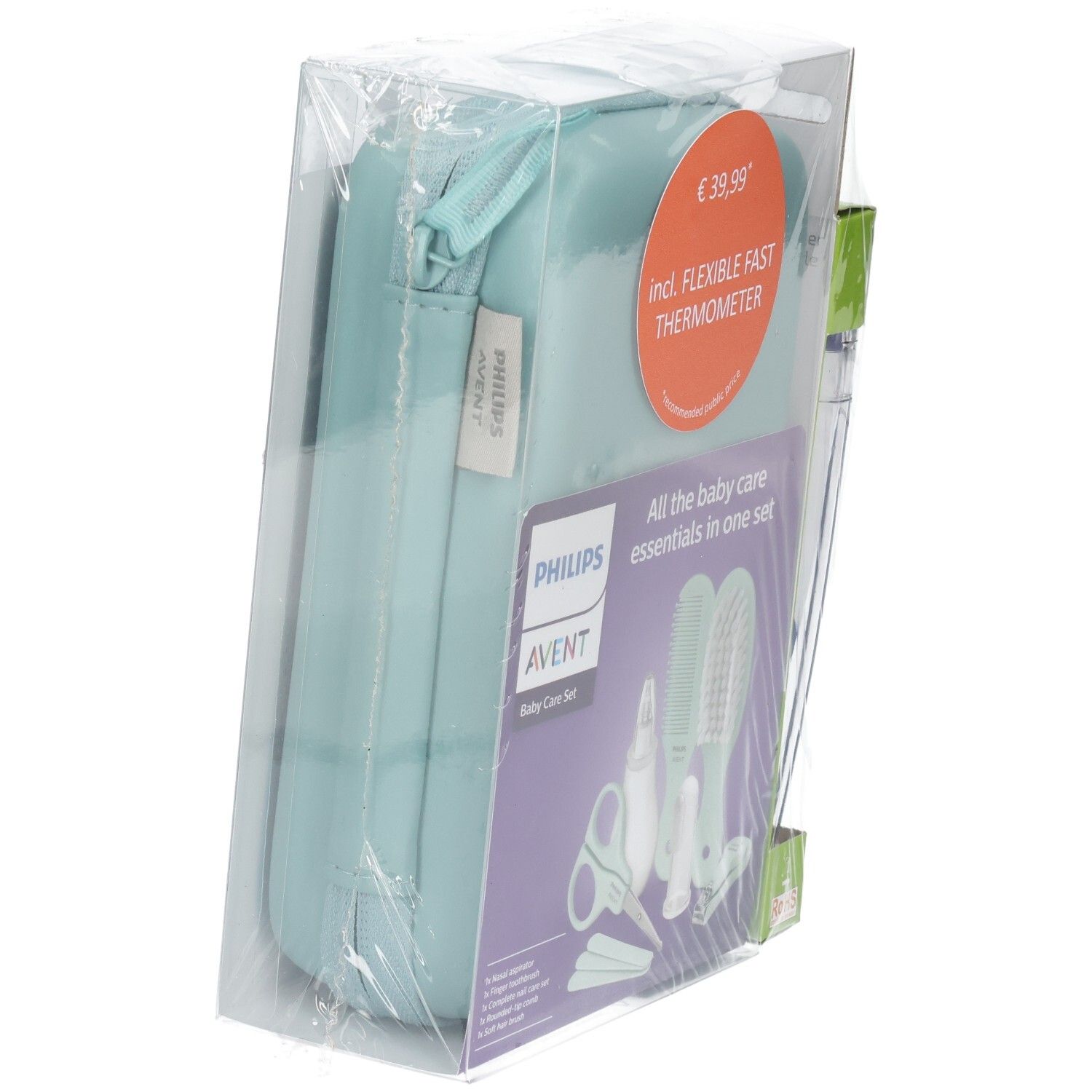 Set de soins pour bébé Philips Avent avec thermomètre numérique, accessoires et pochette, vue latérale.