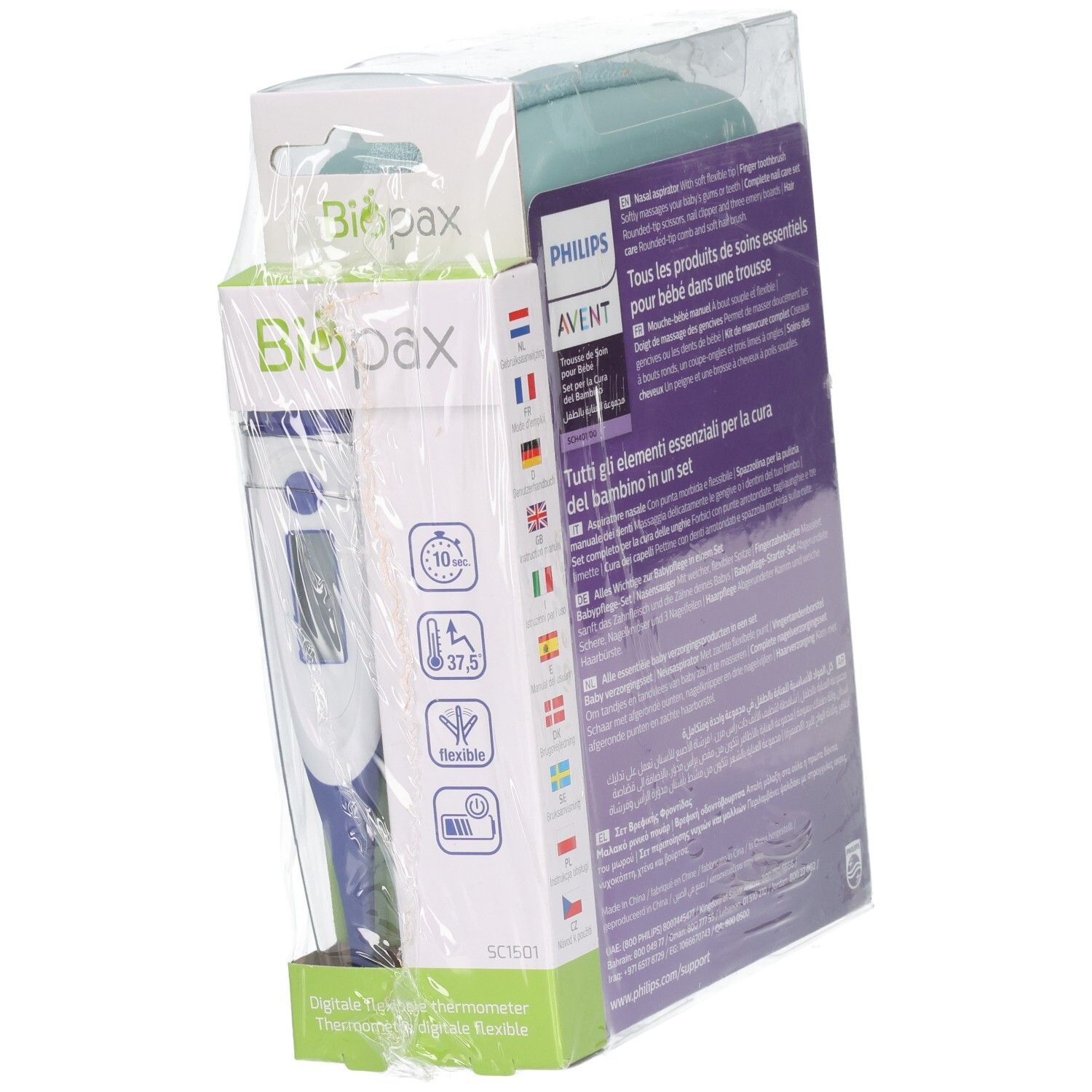 Set de soins pour bébé Philips Avent avec thermomètre numérique et accessoires, focus sur le thermomètre.