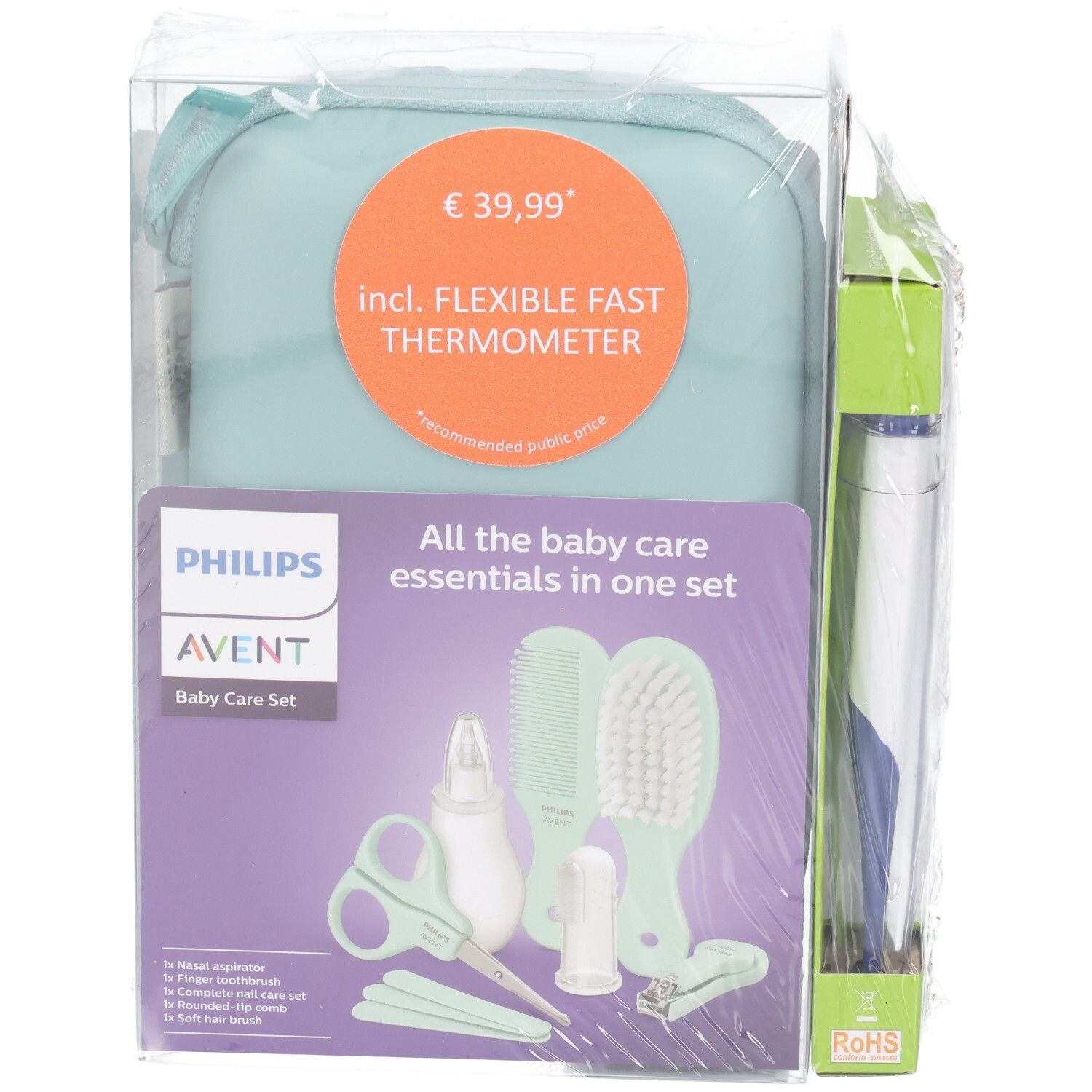 Set de soins pour bébé Philips Avent avec thermomètre numérique, accessoires et pochette, vue de face.