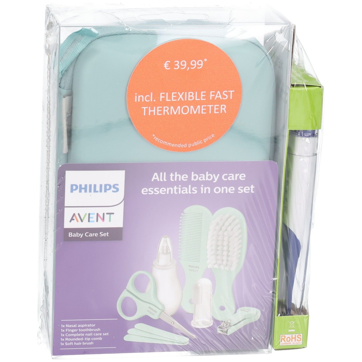 Set de soins pour bébé Philips Avent avec thermomètre numérique, accessoires et pochette, angle légèrement oblique.