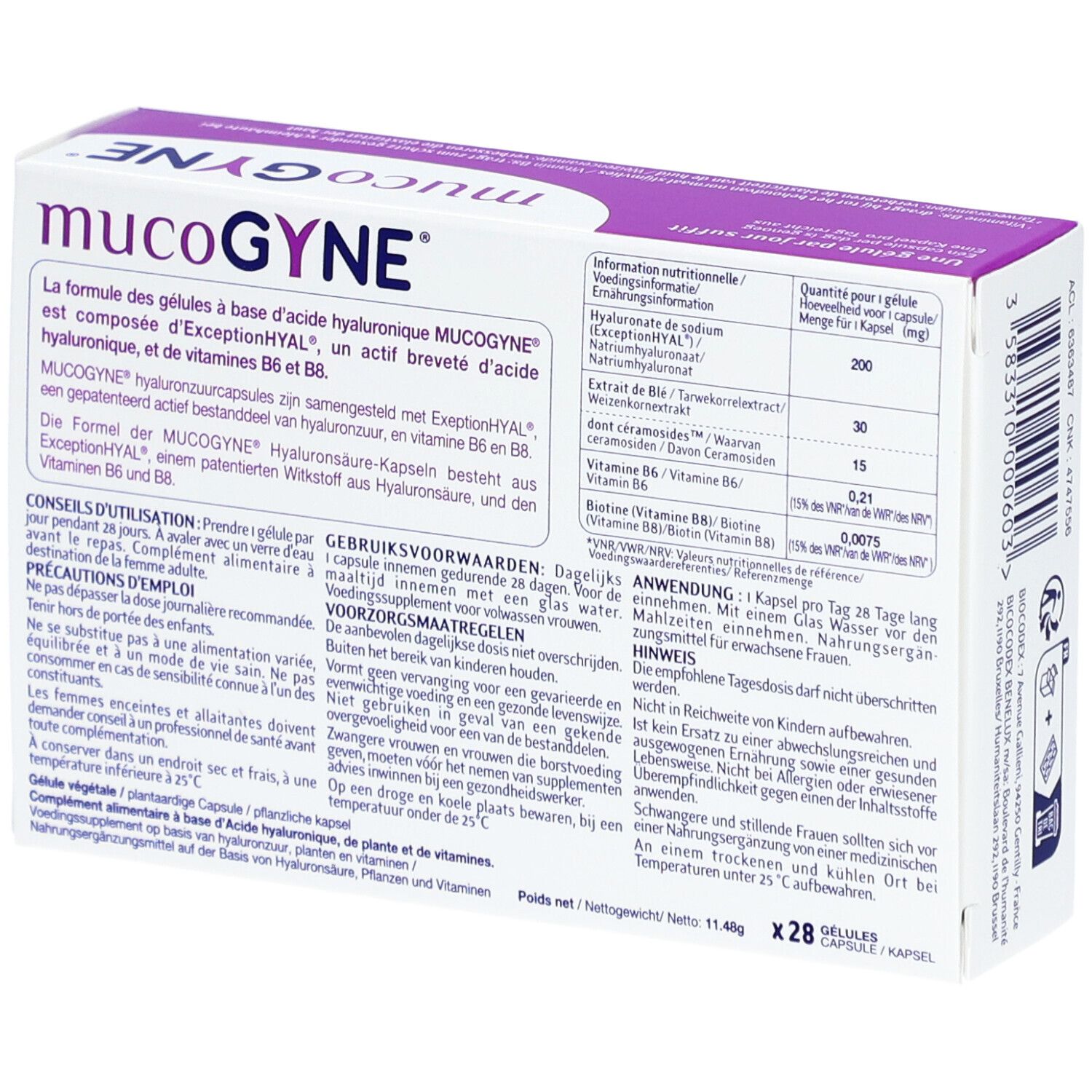 MUCOGYNE® Gélules à base d'acide hyaluronique - Équilibre des muqueuses & Élasticité de la peau
