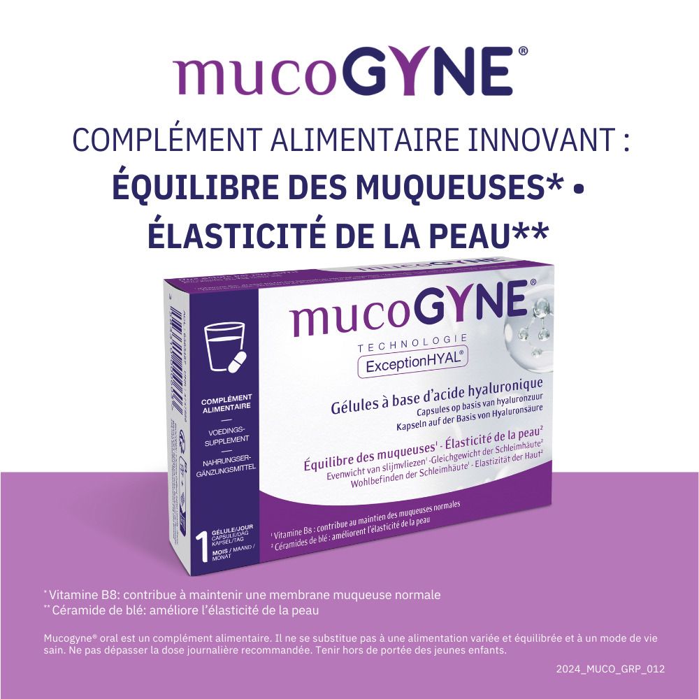 MUCOGYNE® Gélules à base d'acide hyaluronique - Équilibre des muqueuses & Élasticité de la peau